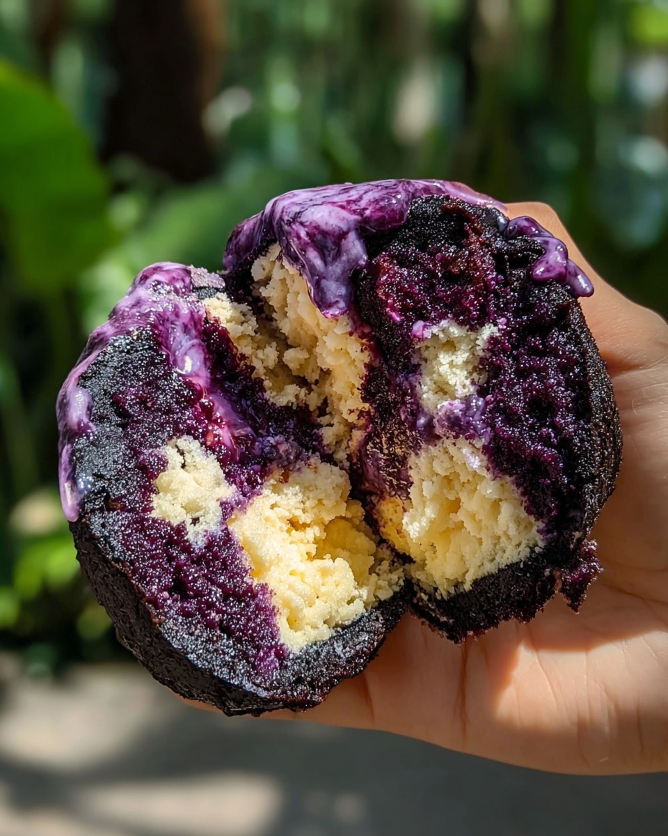 A woman's hand holds a round, cut-open dessert showing two main layers. The outside layer is thick and dark purple with a rough texture, while inside there is a creamy, crumbly pale yellow layer that looks soft and moist. Purple sauce with a slightly shiny, gooey texture drips over the top and around the edges, blending into the dark purple outer layer. The background is blurred greenery, and sunlight highlights the textures and colors clearly. Photo taken with an iphone --ar 4:5 --v 7