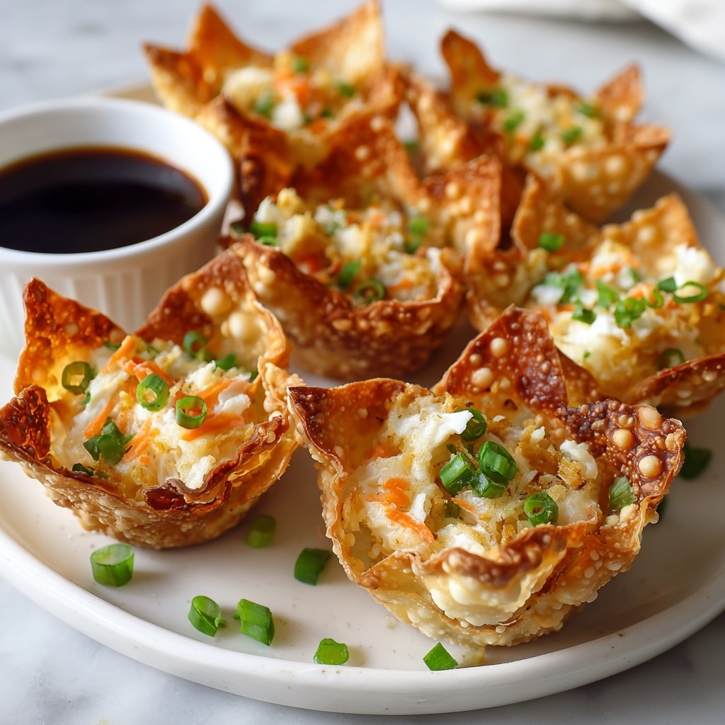 The image shows five crispy golden brown wonton cups, each with a bumpy texture and folded edges, filled with a creamy white mixture that has small pieces of orange and green, likely shredded carrot and chopped green onions. The wonton cups are arranged on a round white plate, set on a white marbled surface. Around the wontons, there are small chopped green onion pieces scattered. In the background, there is a small white bowl filled with dark brown dipping sauce. photo taken with an iphone --ar 4:5 --v 7