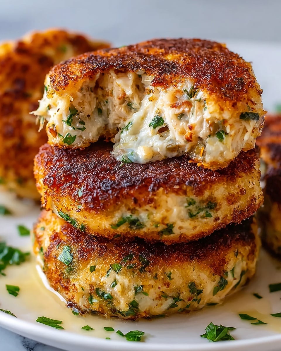 The image shows three thick crab cakes stacked on a wooden board, with the front crab cake broken in half to reveal its moist inside. The cakes have a crispy, dark golden brown crust with specks of green herbs on top and scattered throughout the soft, light beige filling. The background includes a small white bowl of light tan sauce, all set against a white marbled surface. The crab cakes look juicy and flavorful with a finely textured mix of crab meat and greens. photo taken with an iphone --ar 4:5 --v 7