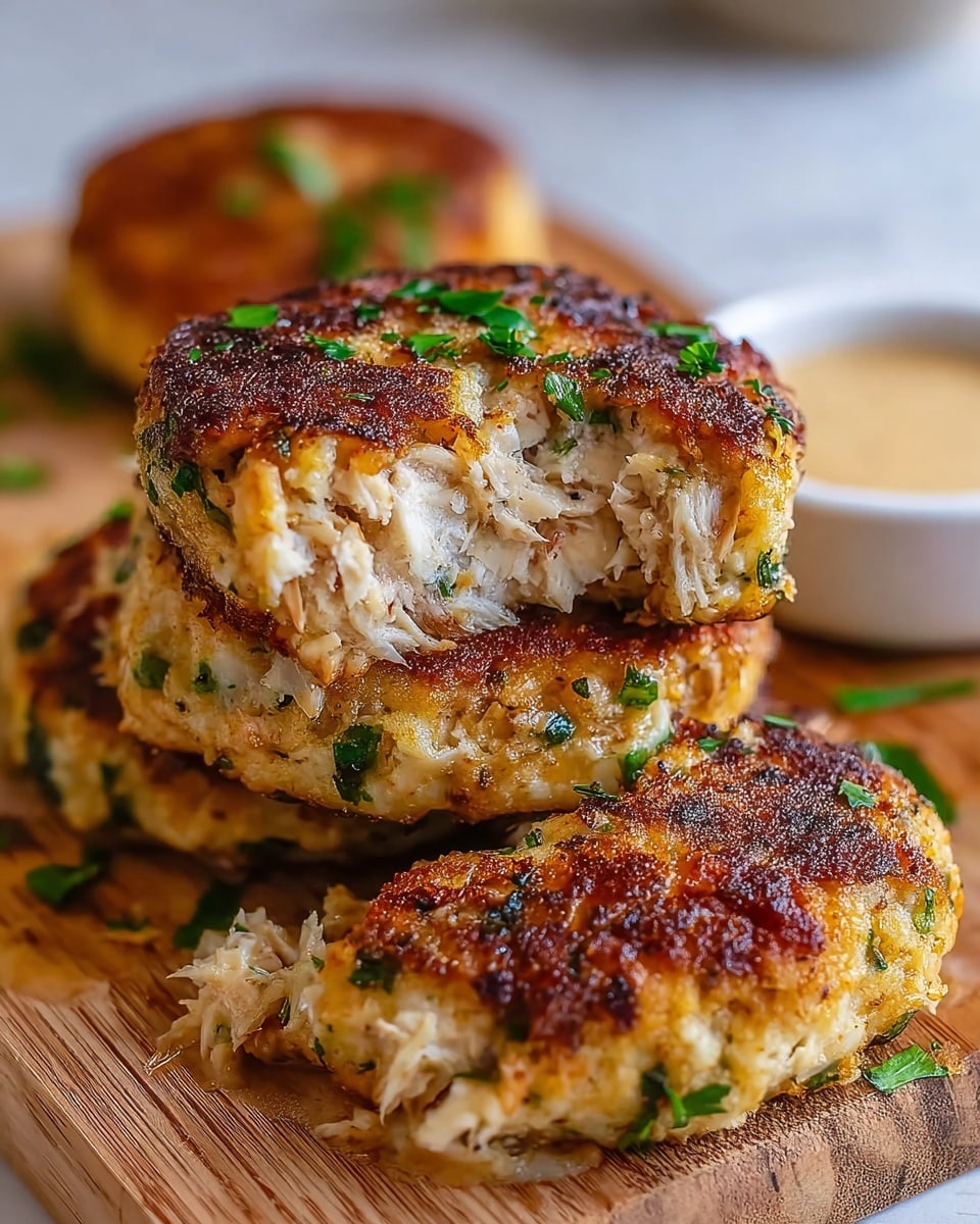 The image shows a stack of three thick, round golden-brown crab cakes on a white plate with a white marbled background. The top crab cake is cut open, revealing a creamy, melted cheese center mixed with finely chopped green herbs. The crab cakes are speckled with small green herb pieces throughout, giving a fresh look. The crispy crust is nicely browned and textured, contrasting with the soft, moist interior. There are some scattered green herb leaves on the plate around the crab cakes, adding color and detail. Photo taken with an iphone --ar 4:5 --v 7