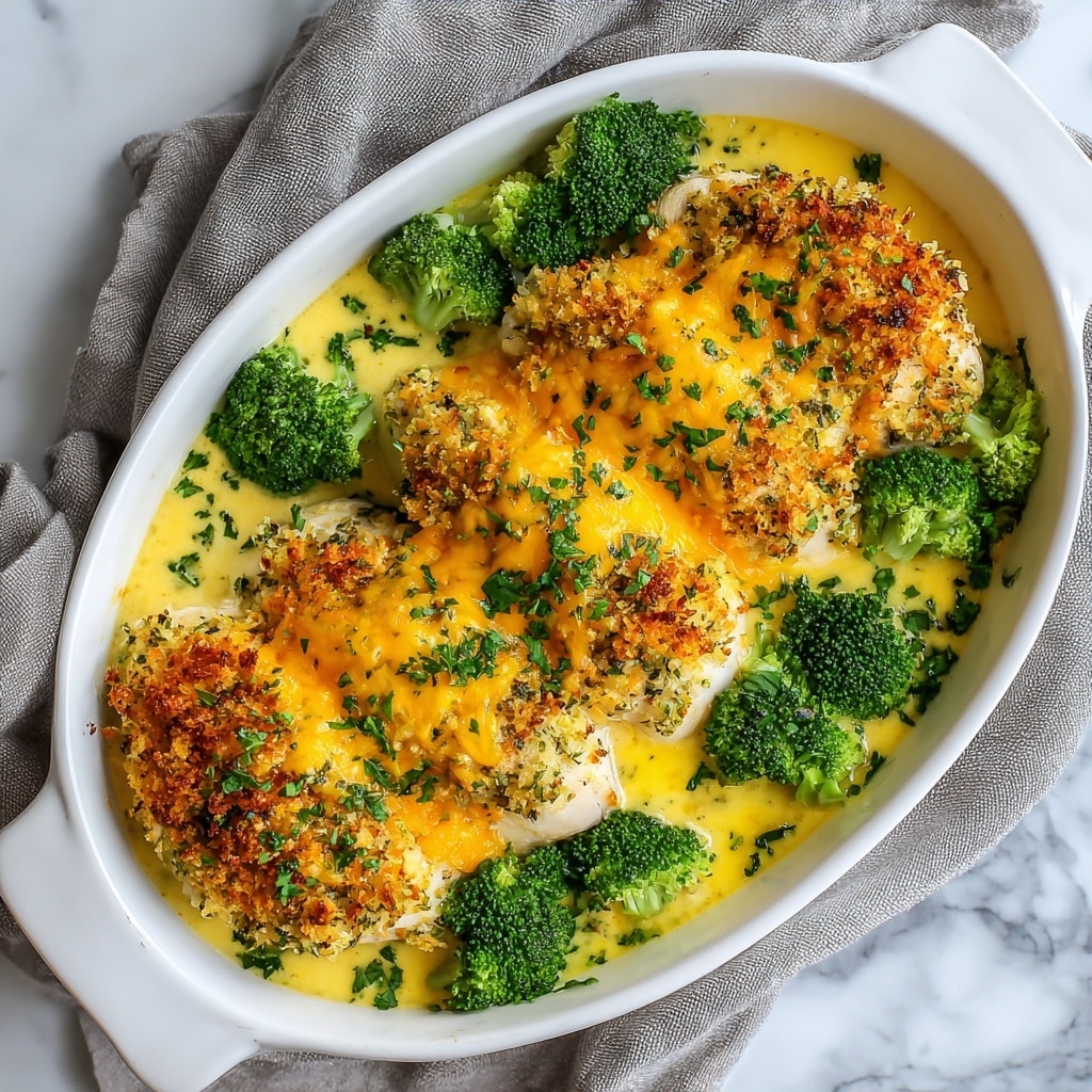 A white oval baking dish filled with baked chicken breasts covered in a golden brown, crispy breadcrumb and herb topping, melted bright yellow cheddar cheese scattered on top, and garnished with chopped green parsley. Around the chicken are vibrant green broccoli florets partially coated in a creamy light yellow sauce, which pools at the bottom of the dish. The dish rests on a white marbled surface with a gray cloth peeking from underneath the dish edge. photo taken with an iphone --ar 4:5 --v 7
