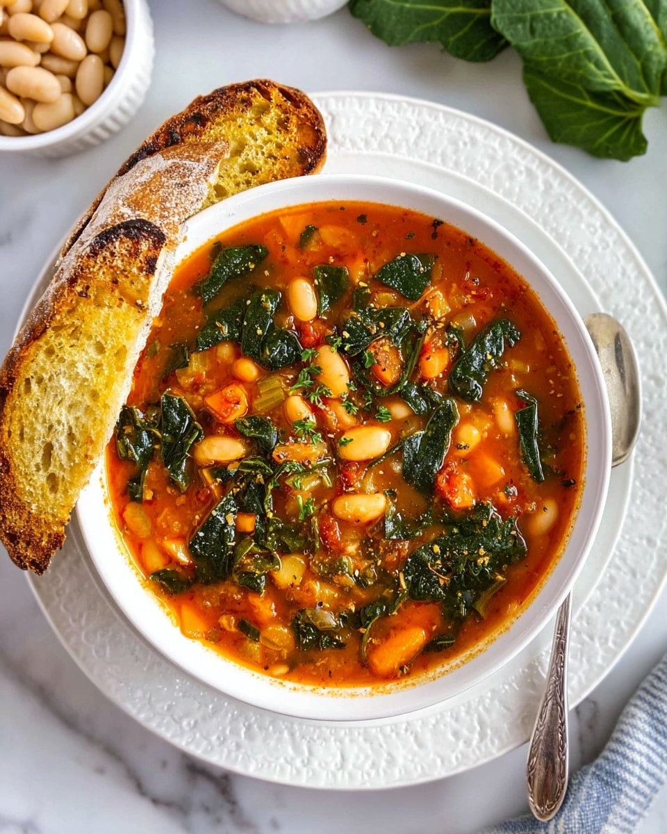 A top view of a large white pot filled with a thick tomato-based soup showing three layers: a bright red-orange liquid layer with visible small pieces of diced tomatoes and carrots, a middle layer of white beans scattered throughout, and a top layer of dark green wilted spinach leaves mixed in. A long silver spoon rests in the pot, partially submerged in the soup. Around the pot, on a white marbled surface, are two toasted bread slices with golden brown spots, a small white bowl filled with white beans, a bunch of fresh dark green leafy kale, and a silver spoon with a reflection. Photo taken with an iphone --ar 4:5 --v 7