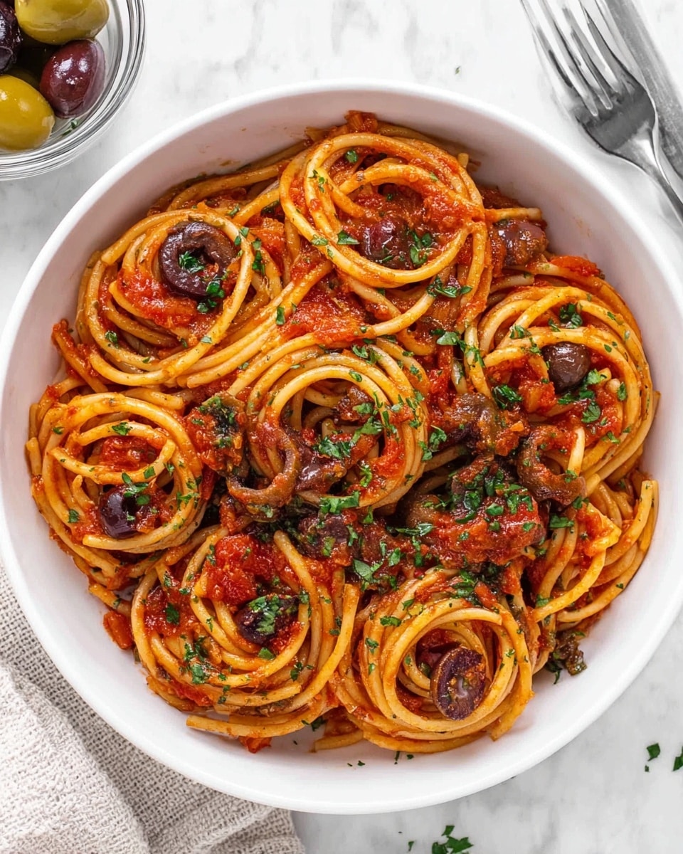 A white bowl filled with spaghetti pasta swirled into six small nests, each coated in a rich red tomato sauce with visible chunks of tomatoes and sliced green and black olives scattered throughout. The spaghetti strands have a soft yellow color, glossy from the sauce, and the dish is sprinkled with small pieces of chopped green herbs, adding a fresh touch. The background is a white marbled texture, making the colors of the pasta stand out. photo taken with an iphone --ar 4:5 --v 7