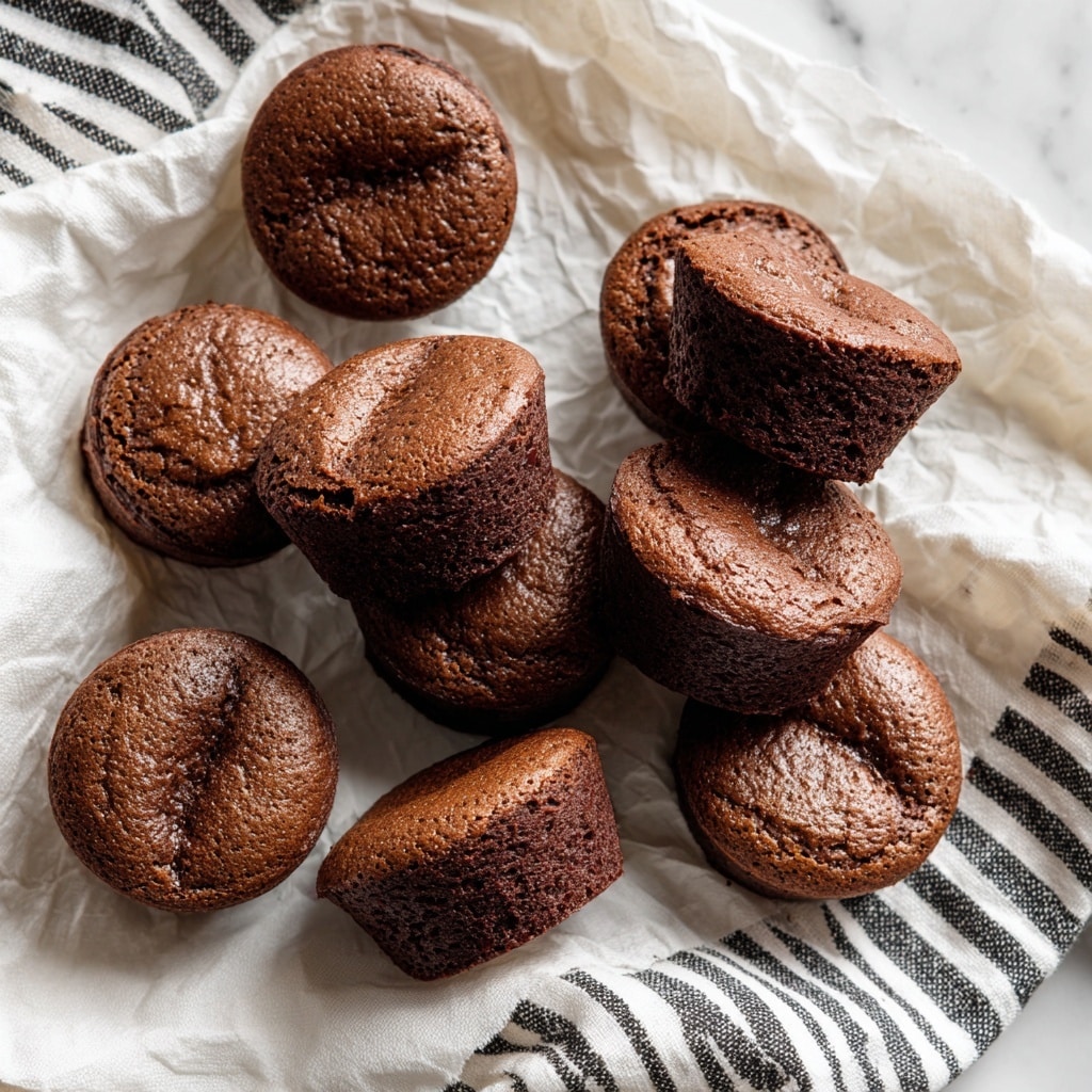 A collection of small, round chocolate brownies scattered on crinkled white parchment paper, with some resting on a white cloth featuring black stripes. The brownies have a slightly cracked, dry top layer with a rich brown color and a soft, moist interior visible on the sides. The brownies are arranged casually, showing both the top and side views, with a consistent texture that looks dense yet cakey. The background is a white marbled surface. photo taken with an iphone --ar 4:5 --v 7