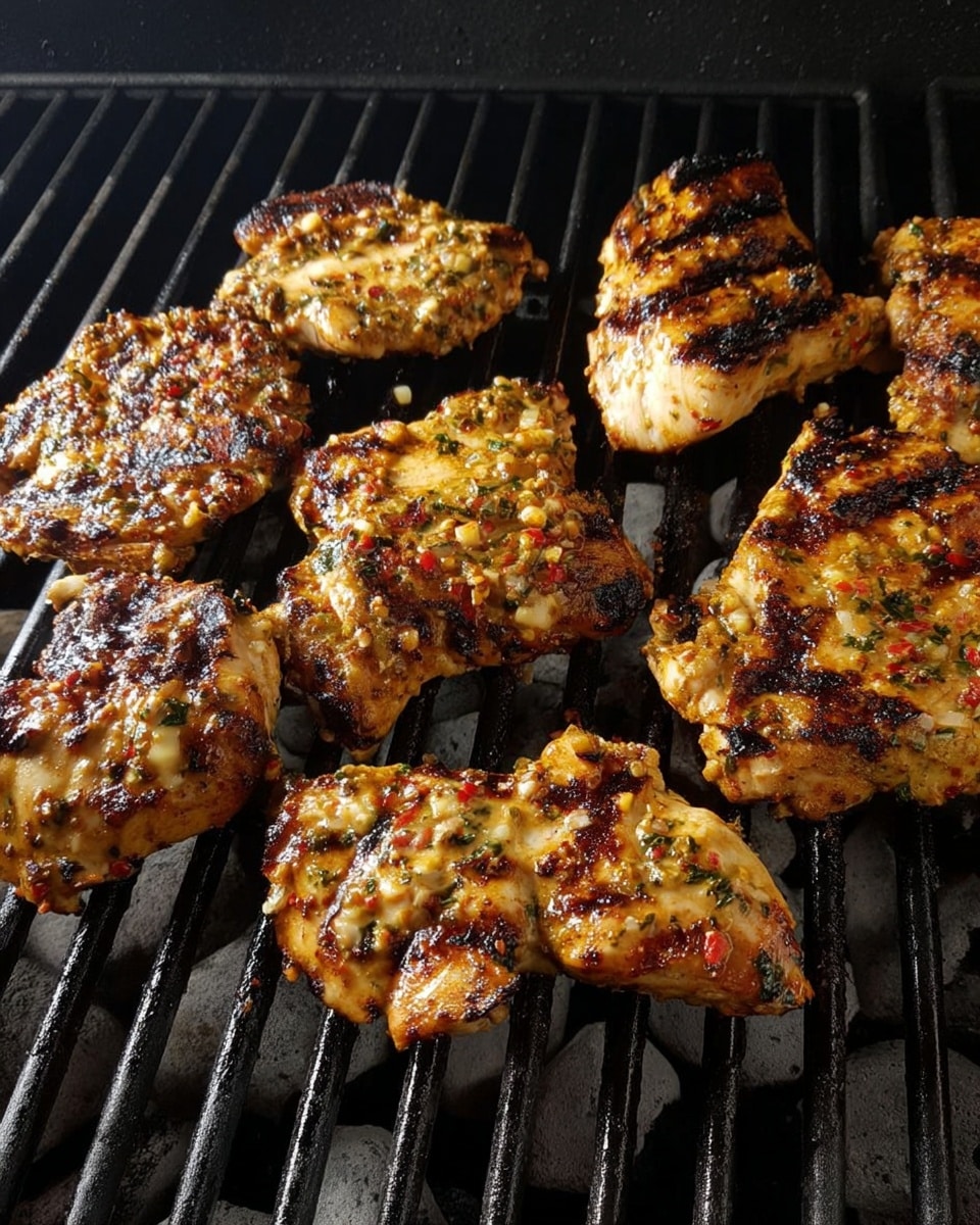 Several pieces of grilled chicken with a golden brown color and visible char marks are spread across a black grill. The chicken pieces show a mix of darker grill marks and lighter, juicy areas with a sauce that looks creamy and speckled with herbs and small red chili flakes. The texture of the chicken appears both crispy on the edges and tender inside, with some pieces slightly thicker and others smaller. The background is the grill bars over glowing charcoal coals. photo taken with an iphone --ar 4:5 --v 7