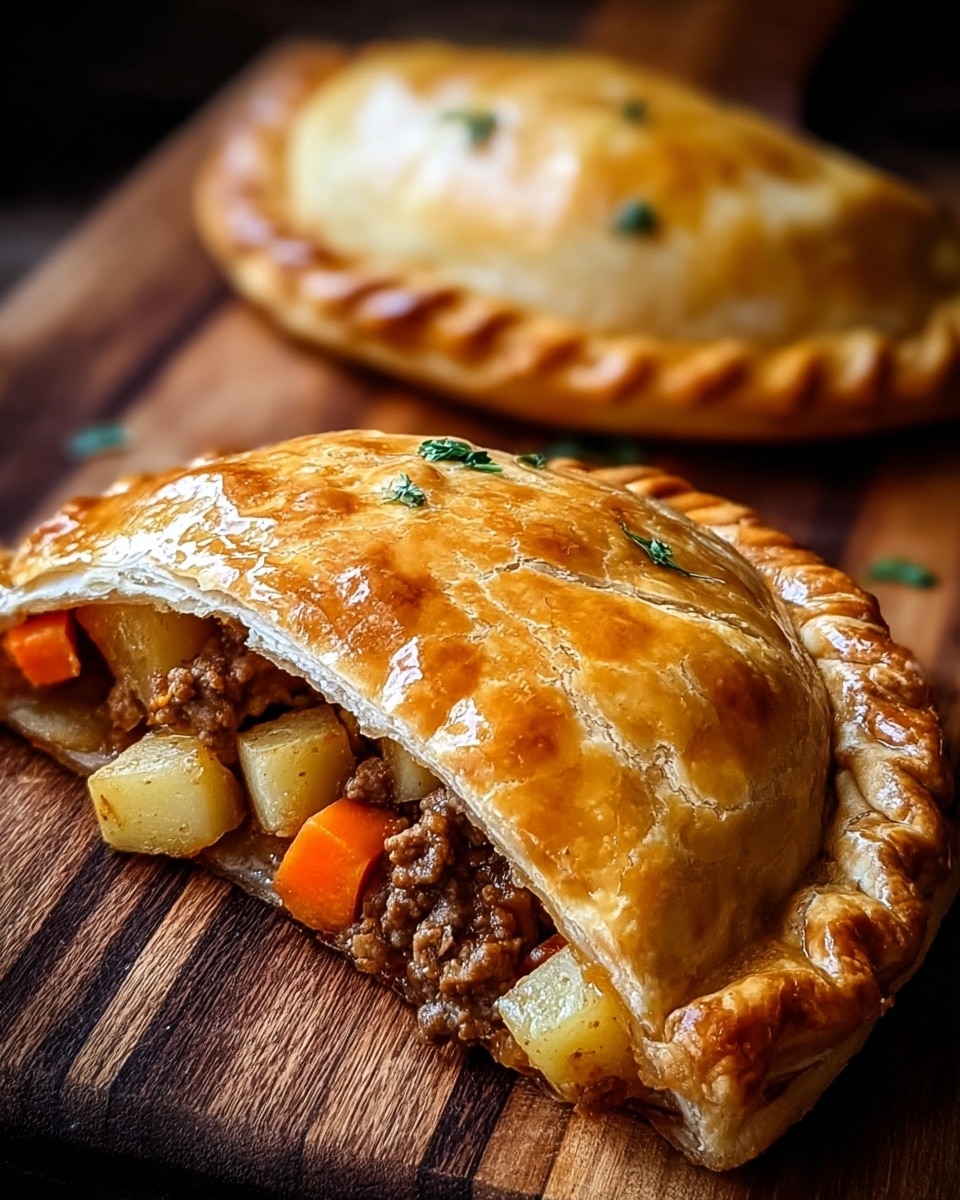 Two golden-brown meat pies rest on a wooden board, each with a flaky, layered crust showing a slightly crispy texture and crimped edges. The pies are cut open, revealing a filling with three visible layers: the top layer is soft orange chunks of carrot, the middle layer is a rich brown minced meat mixture, and the bottom layer shows pale yellow potato pieces. The crust on top has light golden spots with subtle cracks and a delicate, airy texture. The whole scene sits on a white marbled texture. photo taken with an iphone --ar 4:5 --v 7