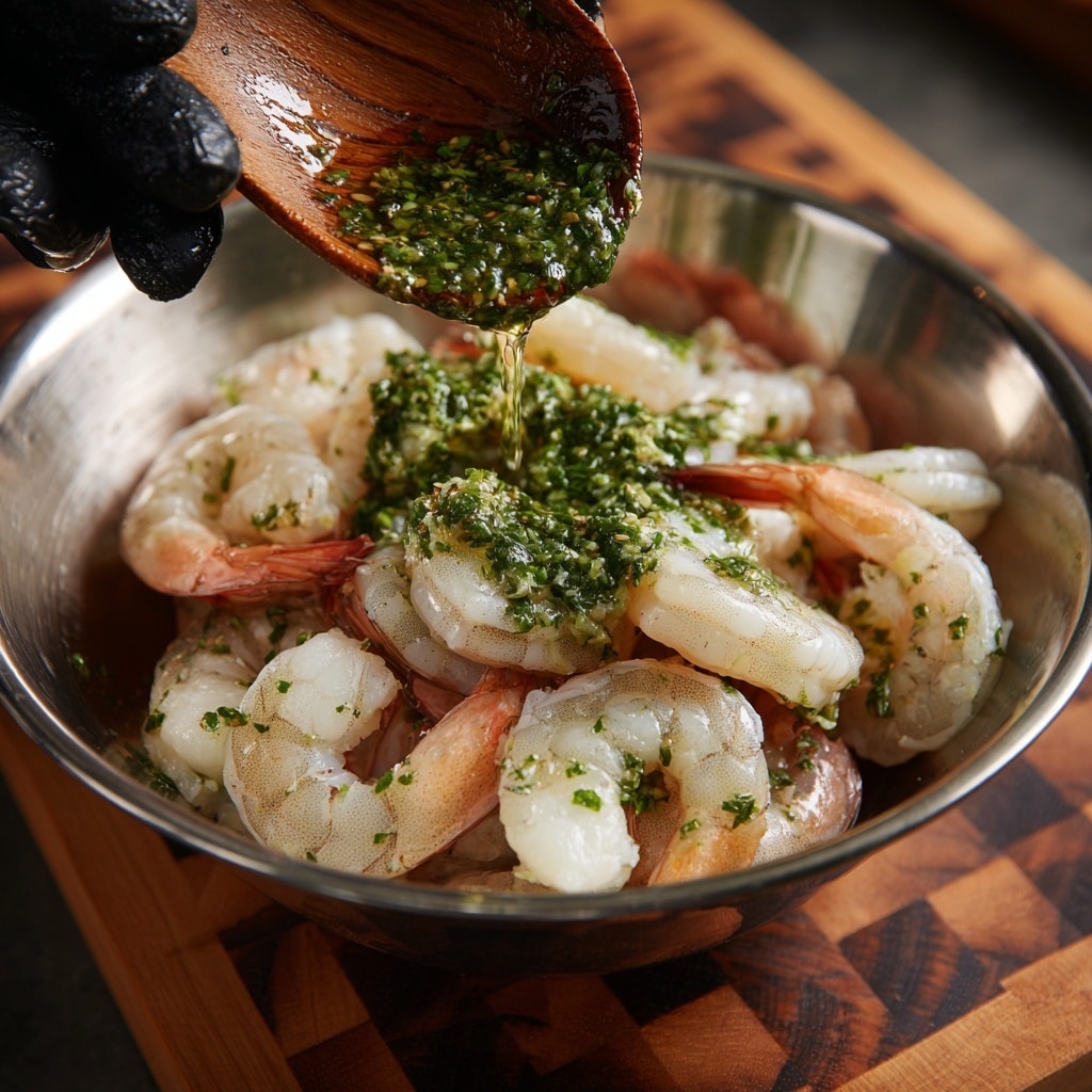 A large silver mixing bowl contains about twelve raw shrimp with a pale white and light pink color, some still having their tails and shells. On top of the shrimp, a green herb sauce with olive oil and visible herbs is being poured from a wooden spoon held by a black-gloved woman's hand. The bowl sits on a checkered dark wooden cutting board, partially visible. The overall scene shows fresh shrimp about to be marinated with a thick, glossy green sauce. photo taken with an iphone --ar 4:5 --v 7