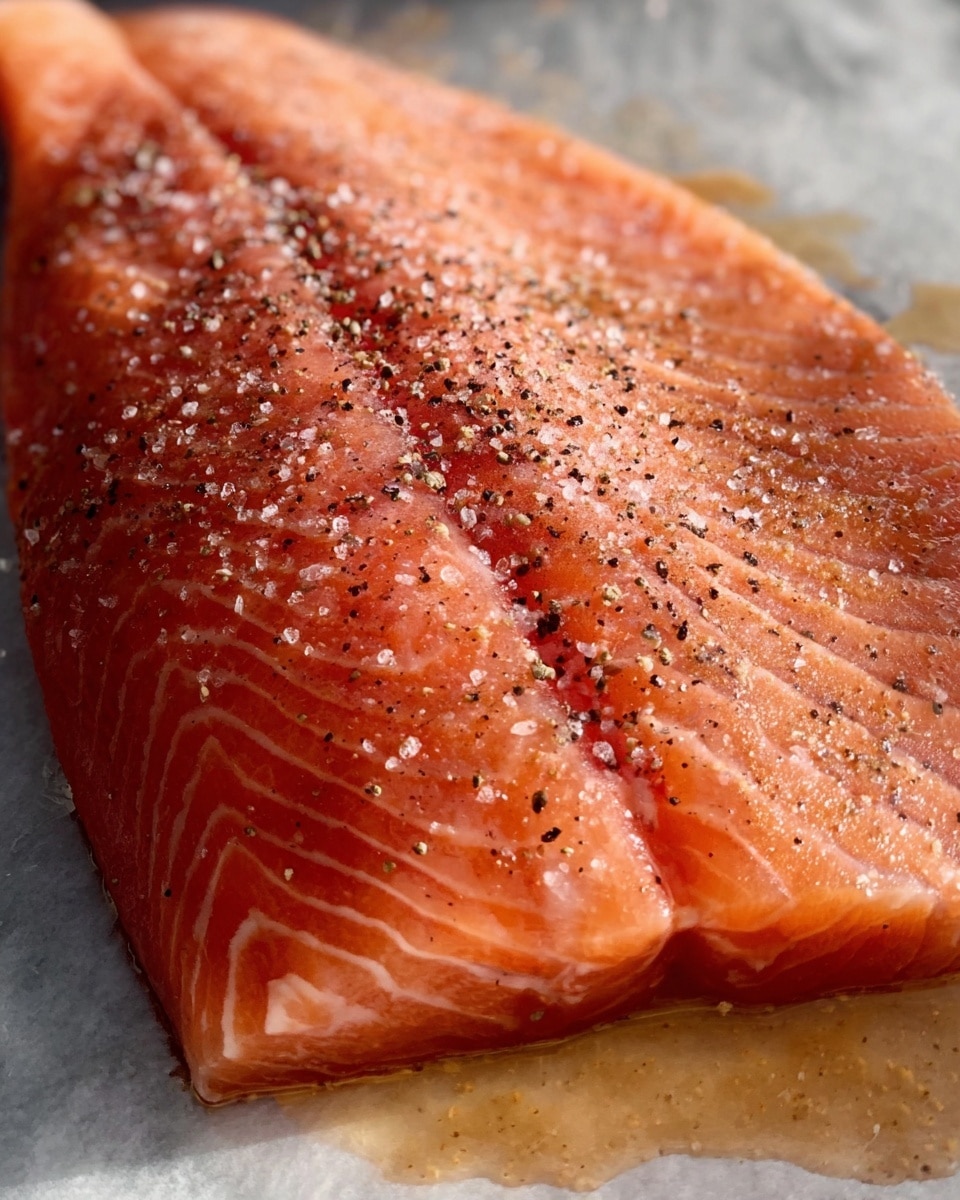 A large, raw salmon fillet lies flat on a white marbled surface, showing three layers of thick, orange-pink flesh with distinct lines of white fat running through. The top layer of the salmon is sprinkled generously with a coarse mix of salt and black pepper, adding a speckled texture. A light brown sauce pools slightly beneath the fillet, giving a glossy shine to the salmon’s surface. The whole scene is close-up, focusing on the fish’s fresh, moist texture as tiny droplets of seasoning fall gently onto it. Photo taken with an iphone --ar 4:5 --v 7