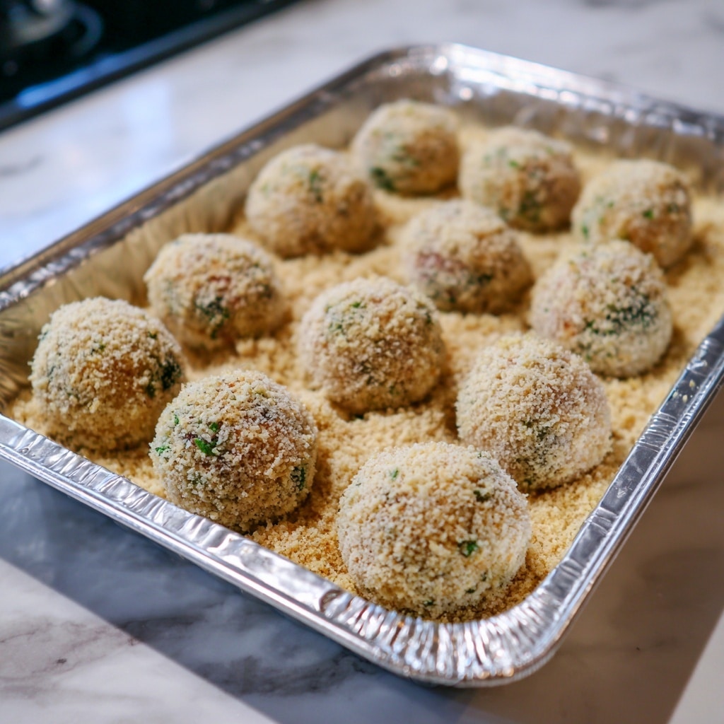 The image shows a silver foil tray filled with small round balls coated evenly in light beige breadcrumbs. Each ball has a slightly rough texture from the coating and appears to contain some green herbs inside, visible beneath the crumb layer. The balls are resting on a thick base layer of the same breadcrumbs, covering the bottom of the tray. The tray is placed on a white marbled surface with a blurred background. Photo taken with an iphone --ar 4:5 --v 7