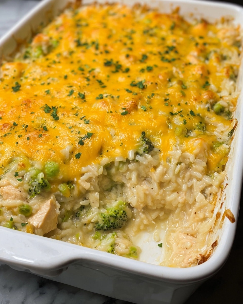 A white rectangular casserole dish filled with a creamy chicken and rice casserole showing two main layers: the bottom thick and creamy mix of light beige rice with chunks of chicken and green broccoli pieces, and the top golden-yellow melted cheese layer with small green specks, likely herbs, spread evenly across the surface. The cheese is bubbly and slightly browned at the edges, creating a textured top crust. Some cheese has melted over the edge of the dish, and a portion has been scooped out, revealing the creamy texture inside. The dish is set on a white marbled texture. photo taken with an iphone --ar 4:5 --v 7