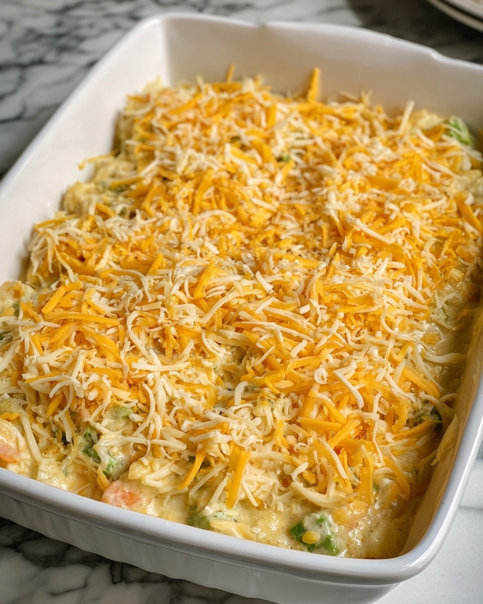A close-up of a white square baking dish filled with a layered casserole. The bottom layers are creamy and lumpy with visible chunks of vegetables in soft green and light orange tones. The casserole is topped with a thick, even layer of shredded cheese in bright yellow and pale white, scattered across the surface. The dish sits on a white marbled surface with neutral light, showing the texture of the shredded cheese clearly. Photo taken with an iphone --ar 4:5 --v 7