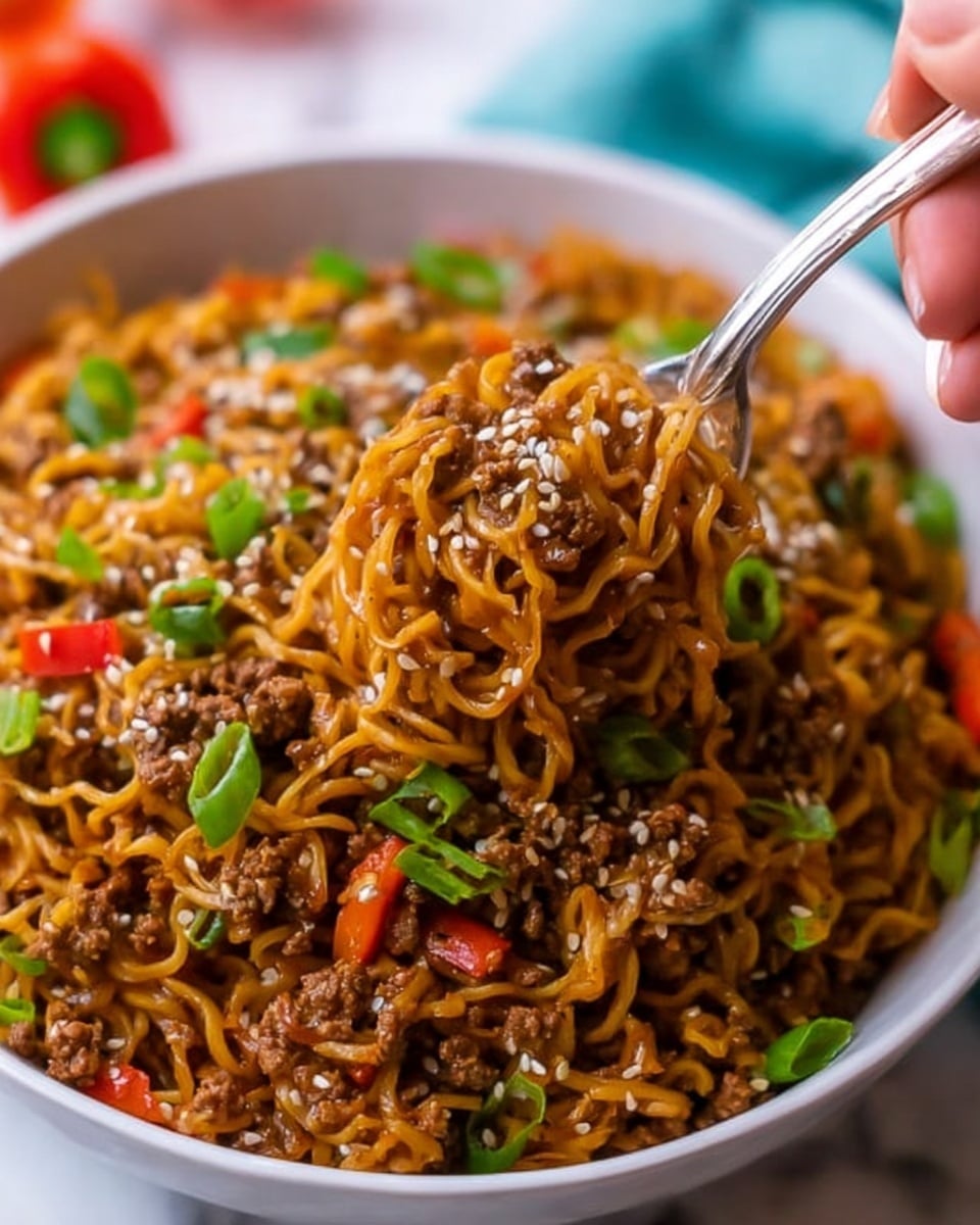 A white bowl filled with a mixture of brown cooked noodles and ground beef, mixed with small pieces of red bell pepper. The dish is topped with chopped green onions and sprinkled with white sesame seeds. A silver fork held by a woman's hand lifts a bite of the noodles, beef, and vegetables from the bowl. The background shows a soft white marbled texture. Photo taken with an iphone --ar 4:5 --v 7