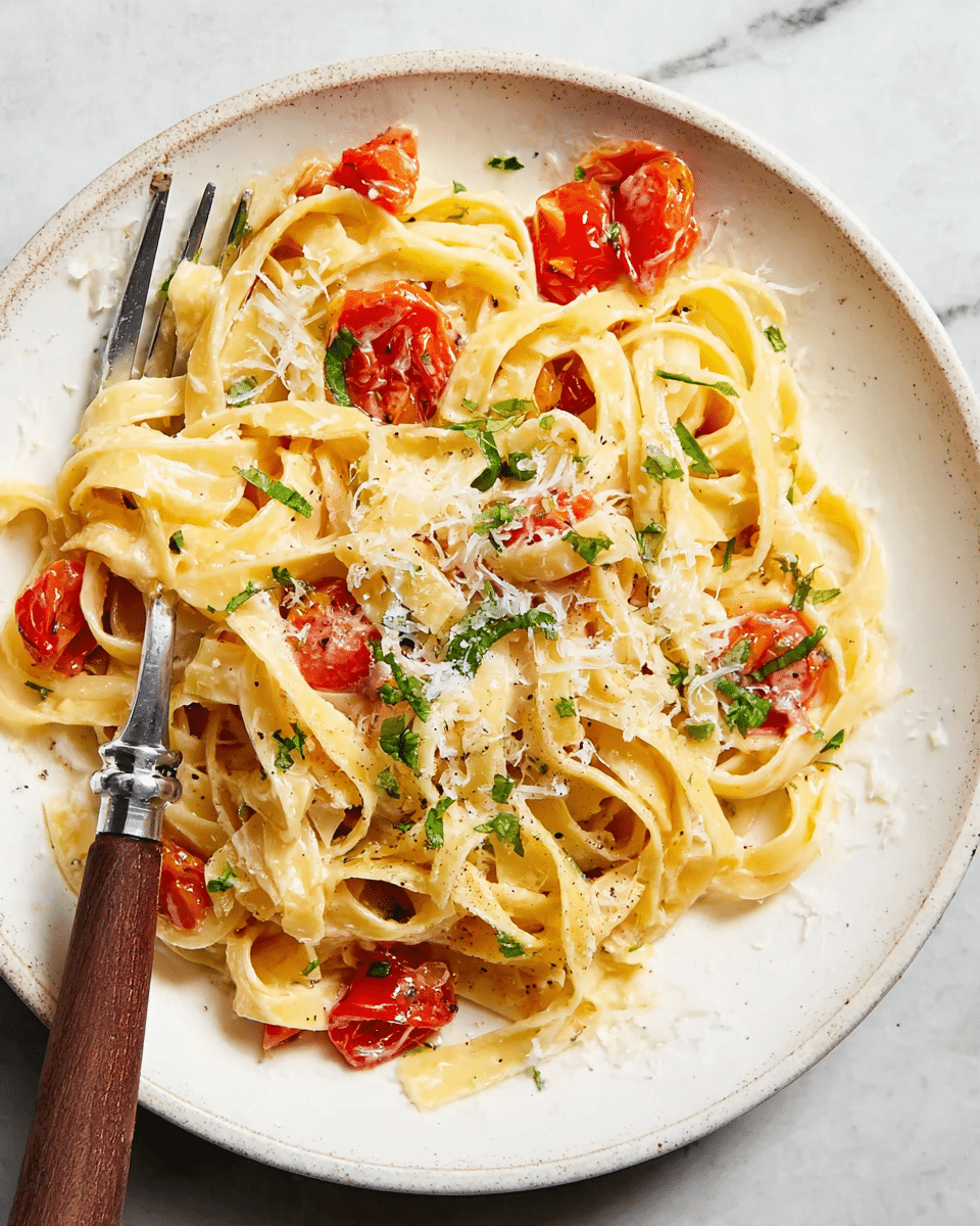 A white plate holds a serving of creamy fettuccine pasta with three main visible layers: a base of golden-yellow fettuccine noodles twisted smoothly across the plate, scattered bright red cherry tomato pieces mixed in, and topped with a generous layer of finely shredded white cheese and small green herb pieces sprinkled all over. The texture of the pasta looks soft and slightly glossy, with a subtle shine from the sauce. A silver fork with a wooden handle is placed under some noodles on the left side, blending into the dish. The plate rests on a white marbled surface. Photo taken with an iphone --ar 4:5 --v 7