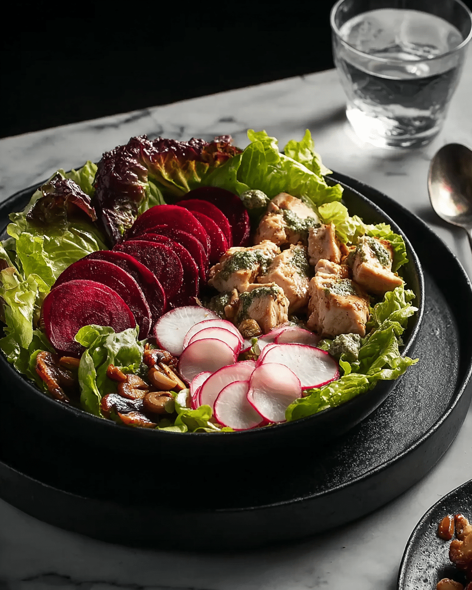 A black shallow bowl filled with a colorful salad sits on a dark round plate, all placed on a white marbled surface. The salad has several layers: the base layer is fresh green and purple lettuce leaves spread around the bowl. On top, there are slices of red beetroot arranged on one side, thin white radish slices with pink edges scattered near the front, and cubes of grilled chicken with a light brown color placed in the center. A light green herb dressing is drizzled over the chicken and some radish slices. Small pine nuts and mushrooms are sprinkled around for texture. The background is dark, making the salad colors stand out. A glass of water and a spoon are partially visible to the right side. Photo taken with an iphone --ar 4:5 --v 7