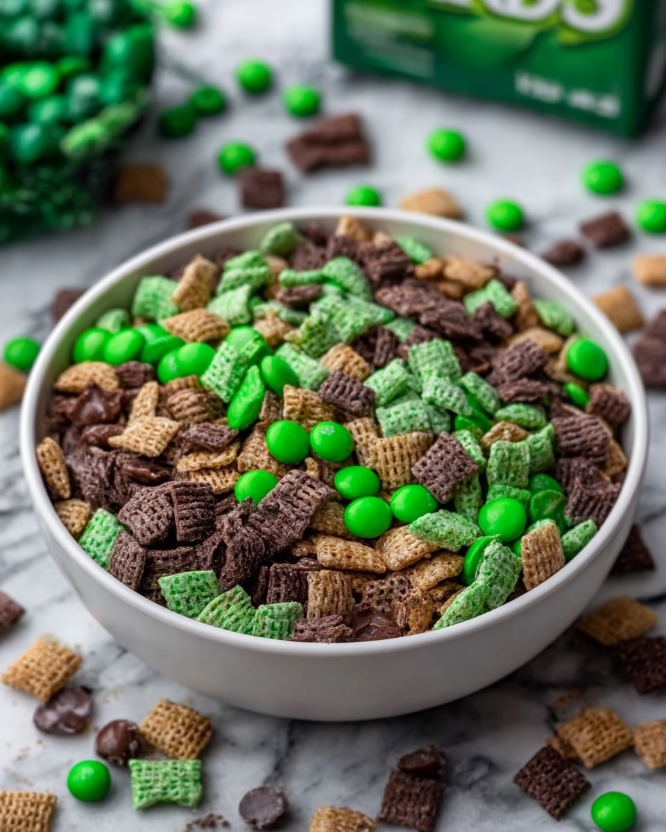 A white bowl filled with a colorful mix of cereal pieces and candy, featuring three layers: at the bottom, small square cereal pieces in light brown and darker brown shades; in the middle, bright green candy-coated chocolates evenly scattered; on top, small dark brown chocolate chunks and more green candies, all set on a white marbled surface with some scattered candies and a green box partially visible in the background, photo taken with an iphone --ar 4:5 --v 7