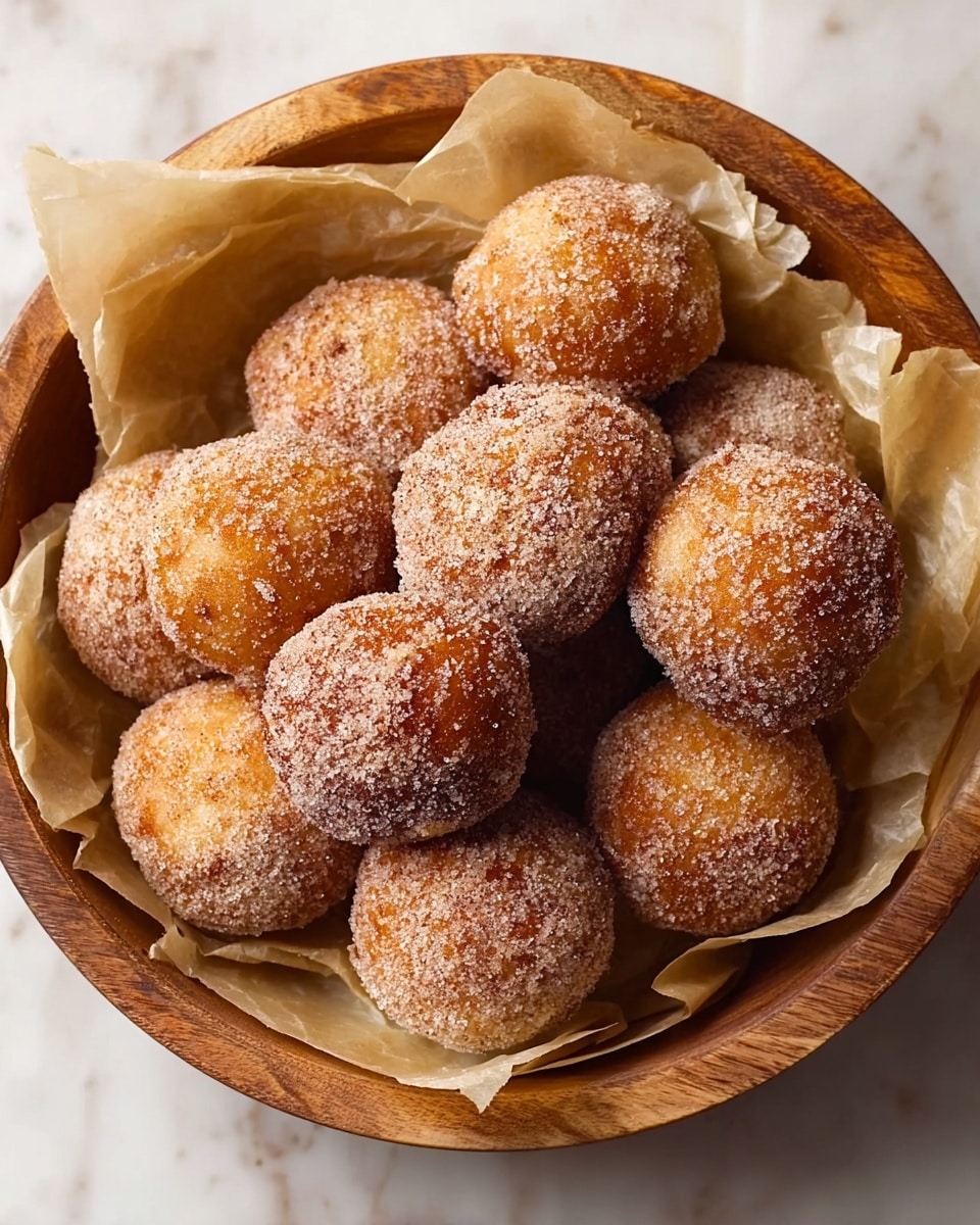 A wooden round bowl lined with crinkled beige parchment paper holds a pile of golden-brown doughnut balls coated in a layer of fine sugar and cinnamon, each doughnut ball having a slightly rough texture from the sugar crystals. The doughnut balls are arranged in a loose heap, showing a mix of light golden and deeper brown shades, with some sugar granules sparkling on their surfaces. The bowl sits on a white marbled surface. photo taken with an iphone --ar 4:5 --v 7