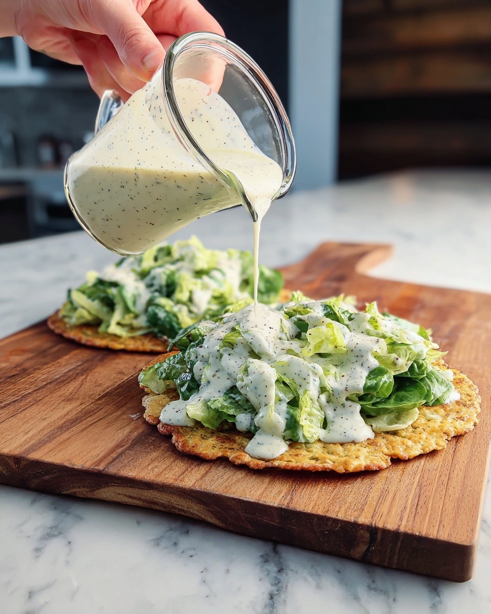 A woman's hand is pouring a creamy white dressing with visible black specks from a clear glass jug onto two round crisply textured golden-brown flatbreads arranged one behind the other on a wooden board. Each flatbread is topped with a thick, fresh green lettuce salad mixed with creamy dressing, showing different shades of bright and dark green leaves. The wooden board sits on a white marbled surface with a modern kitchen background blurred out. photo taken with an iphone --ar 4:5 --v 7