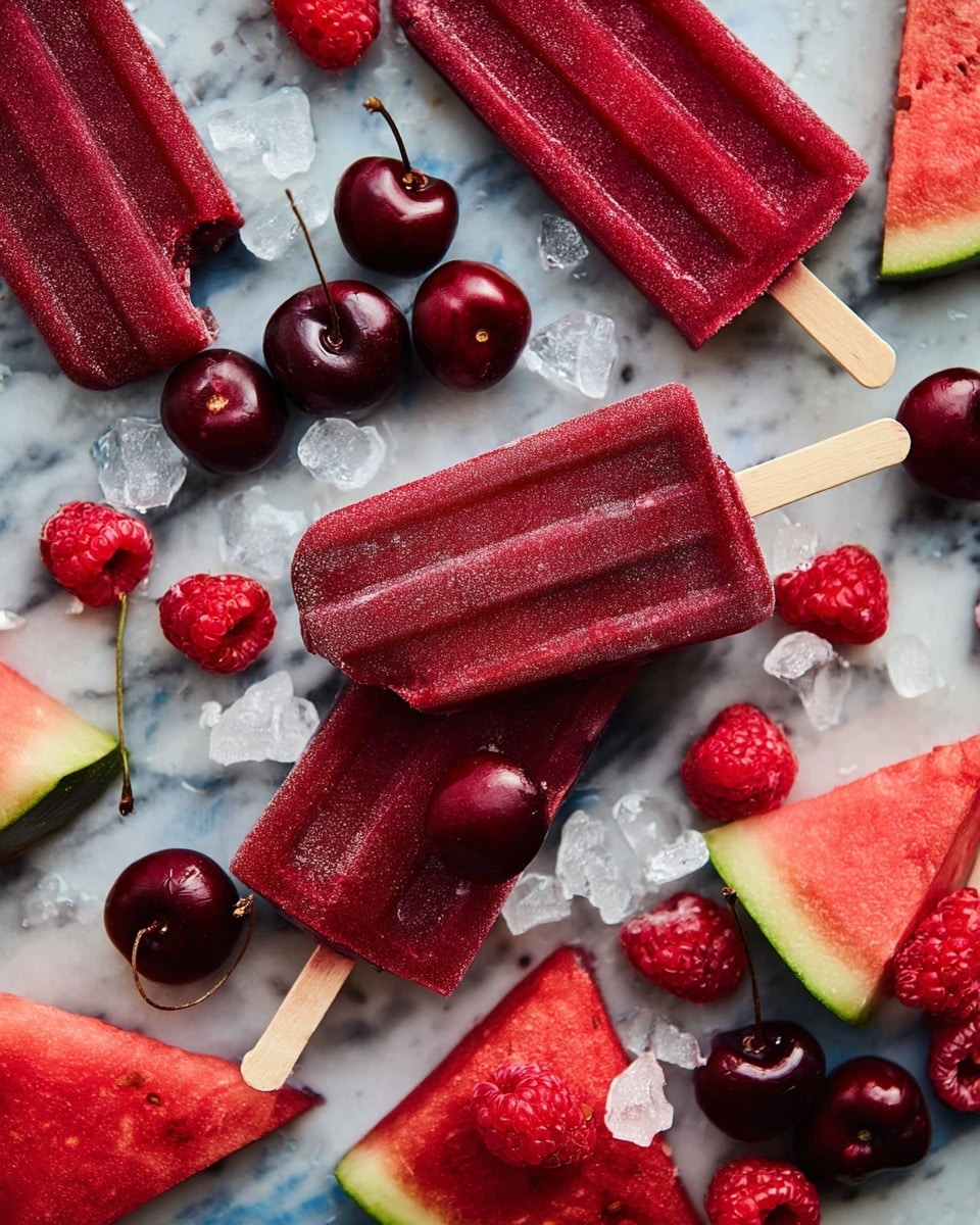 Several dark red popsicles with a smooth but slightly icy texture lie scattered on a white marbled surface. Each popsicle is mounted on a light wooden stick, with one showing a bite taken out of it, revealing a uniform deep red inside. Around the popsicles are fresh dark red cherries, some whole and some cut in halves, as well as plump red raspberries. There are also triangular slices of watermelon with a green rind, light pink flesh, and white seeds placed under and around the popsicles. Small chunks of crushed ice are sprinkled across the scene, adding a refreshing, chilled feel. Photo taken with an iphone --ar 4:5 --v 7