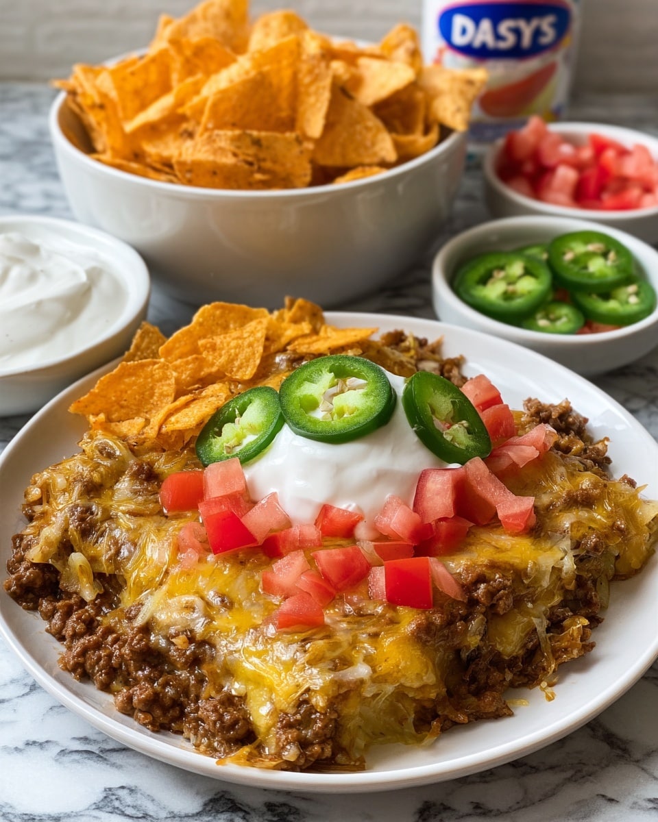 A white plate holds a layered dish starting with a base of cooked rice mixed with browned ground meat and melted yellow and white cheese, forming a textured and slightly glossy layer. On top of this base, there are scattered small chunks of red tomato adding some fresh color. A dollop of smooth, white sour cream sits in the center, surrounded by several round, bright green slices of fresh jalapeño displaying their seeds and inner texture. The plate is on a white marbled surface. photo taken with an iphone --ar 4:5 --v 7