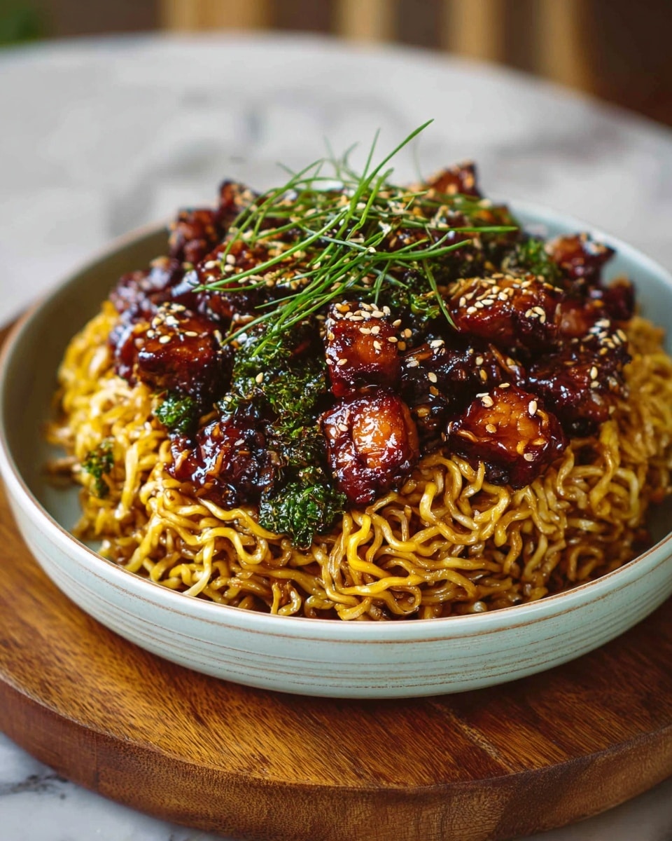 A large white bowl filled with a generous base layer of dark golden brown noodles, cooked and coated in a light shiny sauce. On top, scattered pieces of glazed, crispy chicken chunks in a deep reddish-brown color with a sticky texture. Mixed in are patches of dark green, slightly wilted leafy vegetables, adding contrast. The dish is topped with thin strips of fresh bright green herbs and sprinkled with pale beige sesame seeds. The bowl is placed on a wooden board set on a white marbled surface. photo taken with an iphone --ar 4:5 --v 7