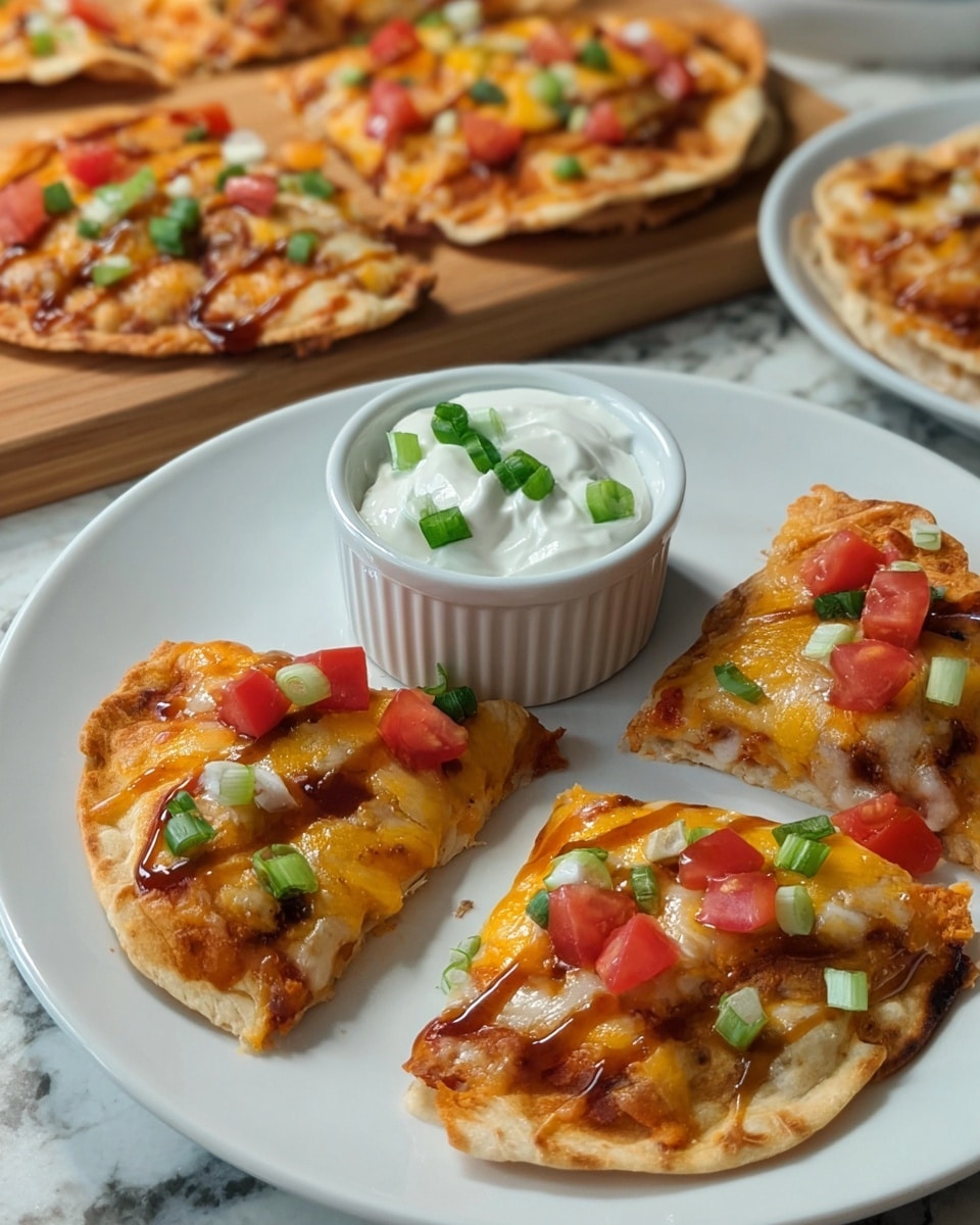 The image shows small pizza pieces arranged in a circular shape on a white plate, with four slices topped with melted yellow and white cheese, diced red tomatoes, chopped green onions, and a drizzle of reddish-brown sauce. In the center of the plate is a small white bowl filled with white sour cream, sprinkled with chopped green onions. Behind the plate, two more small pizzas with similar toppings rest on a wooden board and a white plate, all set against a white marbled surface. The pizzas have a golden, slightly crispy crust and colorful fresh toppings that add a fresh and rich look. Photo taken with an iphone --ar 4:5 --v 7