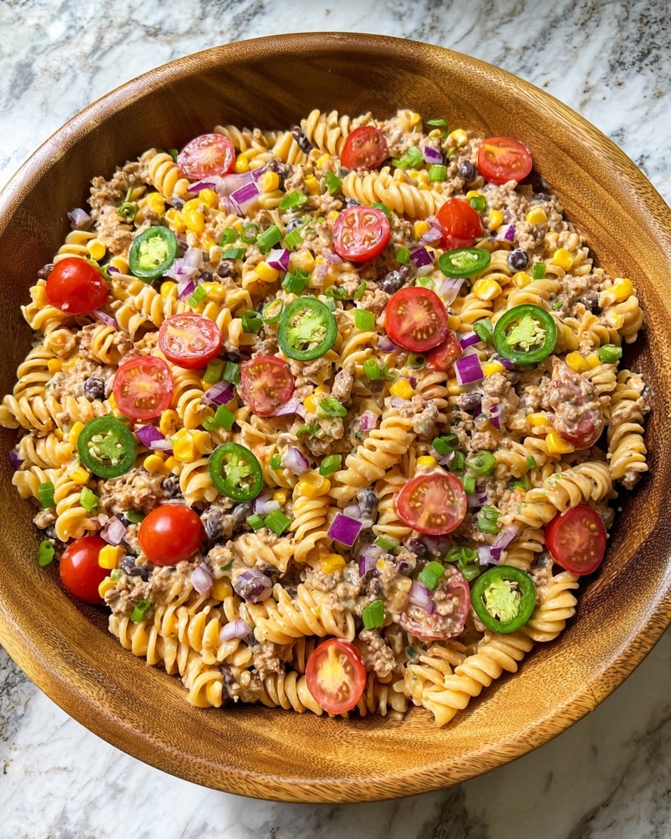 A large wooden bowl filled with a mixed pasta salad made with rotini pasta all around the bottom layer, light orange in color from a creamy sauce, topped with scattered black beans and ground meat throughout. On the top layer, there are slices of bright green jalapeño peppers, halved red grape tomatoes, chopped purple onions, and small pieces of green onions spread evenly. The overall look is colorful and fresh, sitting on a white marbled surface. photo taken with an iphone --ar 4:5 --v 7