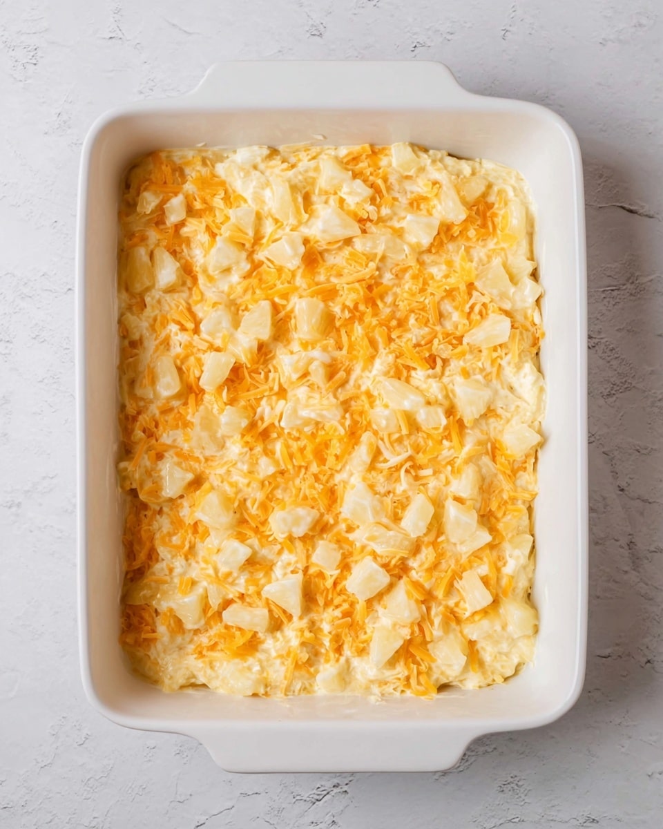 A white rectangular baking dish filled with a single thick layer of a creamy mixture that includes chopped pale yellow pineapples and shredded orange cheddar cheese, all combined evenly, creating a textured and slightly glossy surface. The filling shows small pieces of pineapple scattered throughout with a soft, moist consistency. The dish sits on a white marbled texture background. photo taken with an iphone --ar 4:5 --v 7