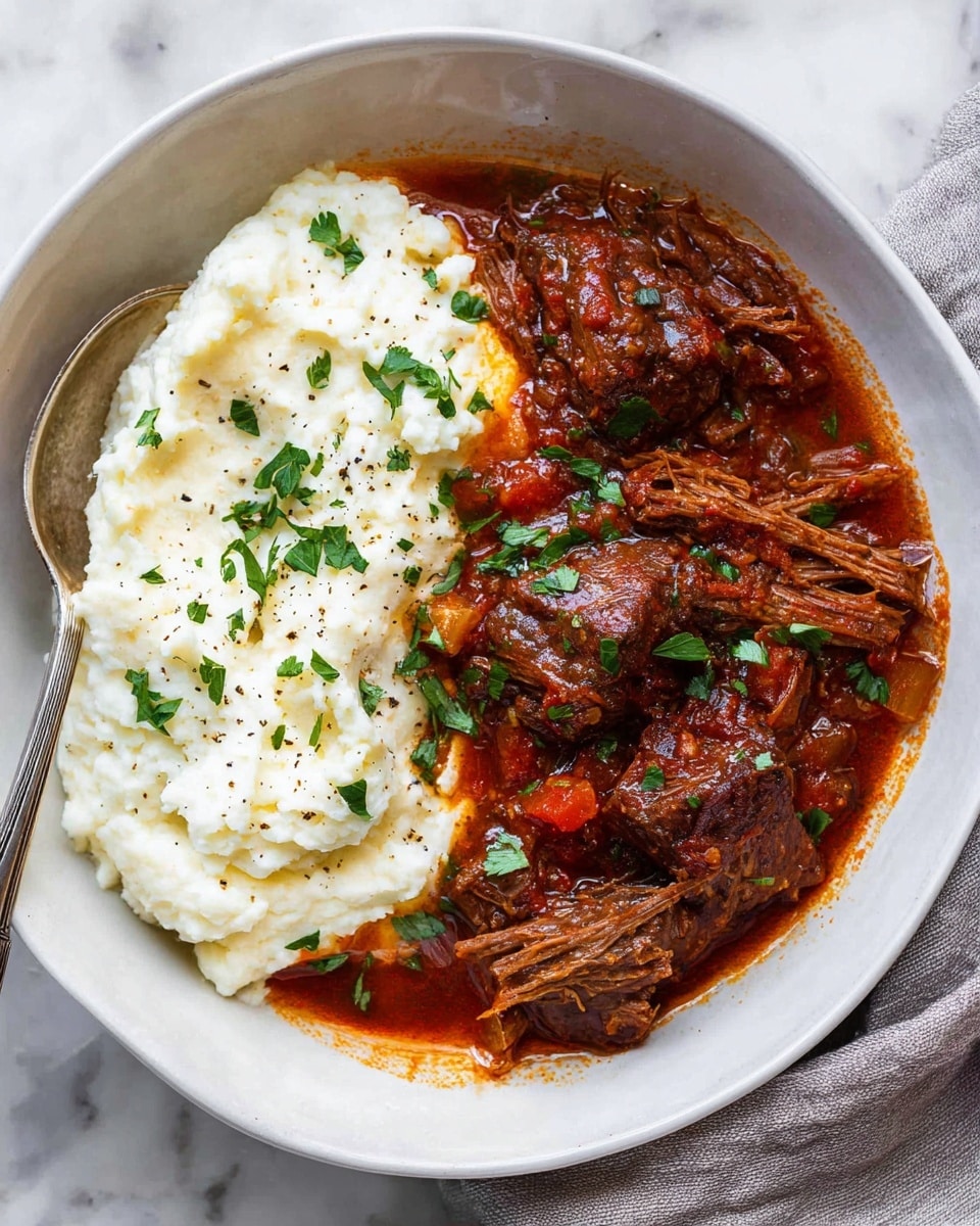 The image shows a close-up of a white bowl filled with two main layers: on the left side, a smooth, creamy white mashed potato layer with a slightly fluffy texture, dotted with small green parsley pieces and specks of black pepper. On the right side, there is a rich, deep red-brown braised beef layer with portions of tender shredded meat in a thick, glossy sauce. The beef is partly in large chunks while some parts are pulled apart, showing the texture clearly. The sauce borders both layers and contains small bits of vegetables, sprinkled lightly with fresh parsley for garnish. A silver fork rests at the bottom left edge of the bowl. The bowl sits on a white marbled surface with a soft gray linen napkin at the bottom right. Photo taken with an iphone --ar 4:5 --v 7