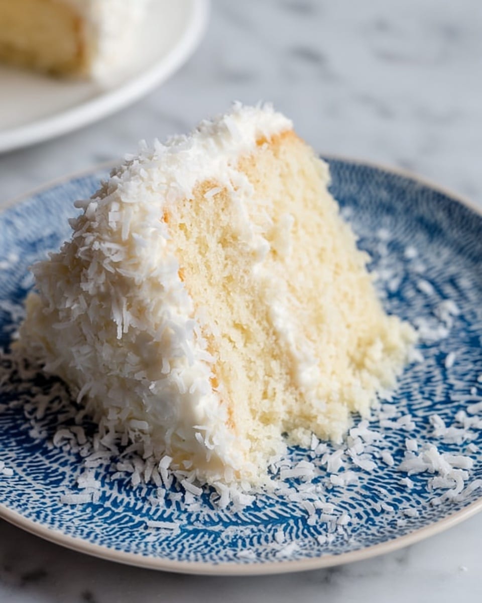 A close-up view of a single slice of white cake with two layers, covered in smooth white frosting and sprinkled with shredded coconut all over the surface. The texture of the cake looks soft and moist. The slice sits slightly tilted on a white plate decorated with an irregular blue pattern. Some loose coconut flakes scatter around the plate on a white marbled surface. There is a small piece of cake separated next to the main slice. photo taken with an iphone --ar 4:5 --v 7