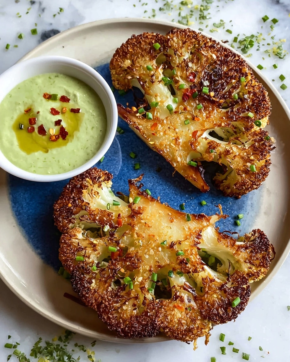 Two crispy, golden-brown cauliflower steaks with a crunchy texture and slightly charred edges sit on a white plate with a blue circular center. The cauliflower pieces show tender white interiors surrounded by a browned crust, sprinkled with small green chives and red chili flakes. To the side, a small white bowl holds a smooth pale green sauce, garnished with a drizzle of olive oil and red chili flakes on top. The plate is placed on a white marbled surface with scattered herbs around it. photo taken with an iphone --ar 4:5 --v 7