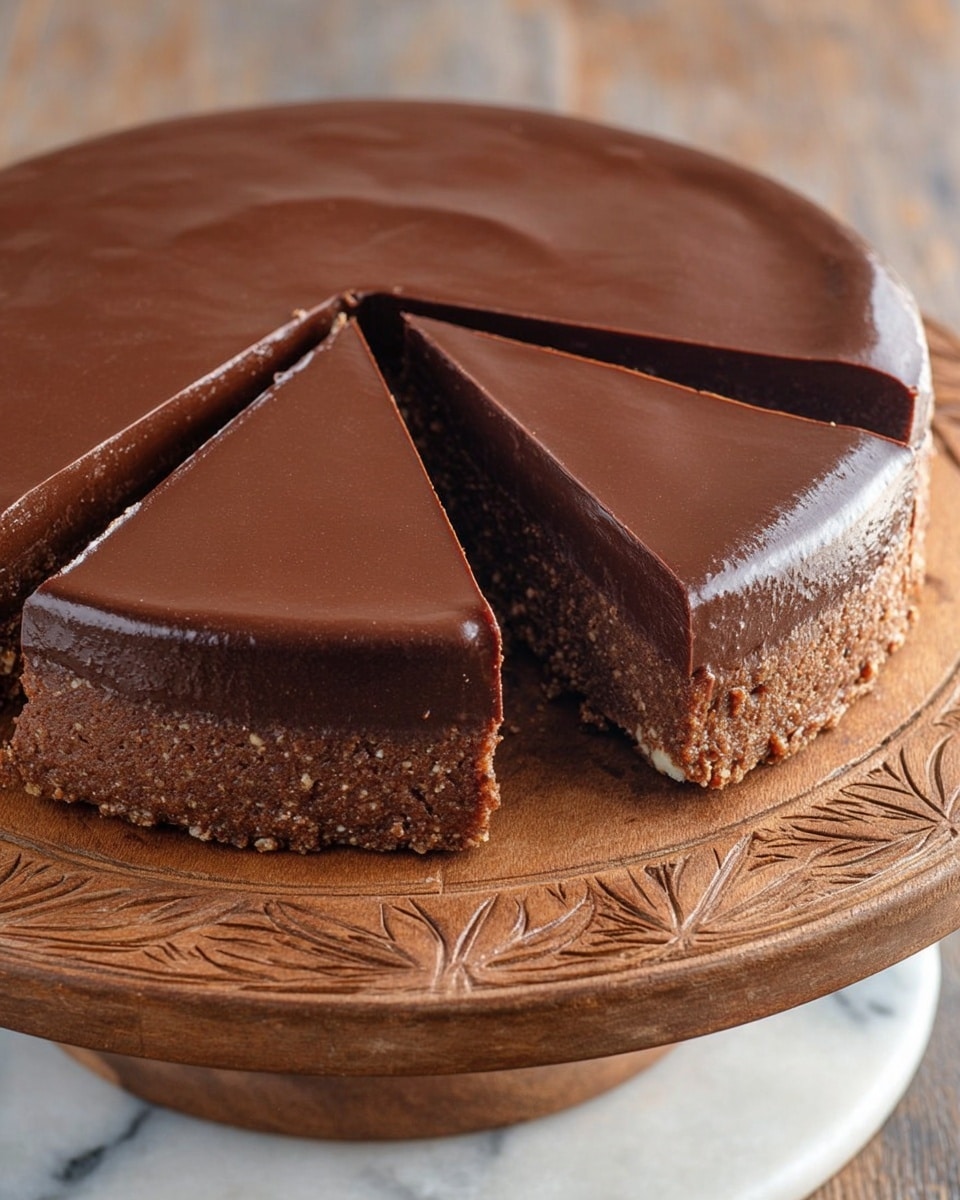 A slice of chocolate mousse cake is placed on a white plate with blue circular patterns, showing three distinct layers: a dark brown, smooth chocolate glaze on top; a thick middle layer of light brown, creamy mousse with a fluffy texture; and a darker brown, slightly crumbly cake base. A small piece of the mousse is on the silver fork resting on the plate. In the background, the rest of the cake is sitting on a clear glass tray with the same smooth chocolate glaze and mousse layers visible through a missing slice. The surface underneath is a white marbled texture. photo taken with an iphone --ar 4:5 --v 7