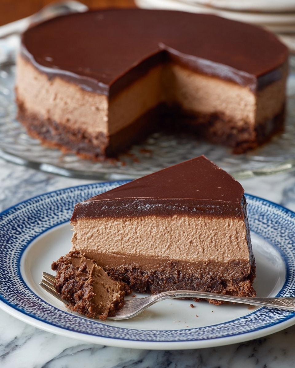 The image shows a round chocolate cake with two visible layers placed on a wooden stand with carved leaf designs; the bottom layer is a rough-textured, dark brown cake base, and the top layer is a smooth, glossy, thick milk chocolate ganache covering the entire surface, sliced into three narrow triangular pieces. The cake has a clean edge where it was cut, with slight irregularities on the cake base texture. The wooden stand contrasts with the white marbled texture beneath. Photo taken with an iphone --ar 4:5 --v 7