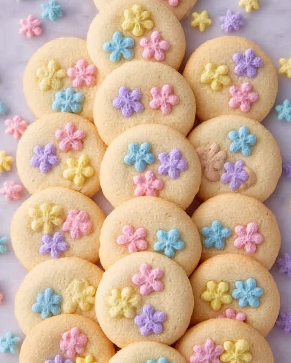 A collection of round sugar cookies arranged in rows on a white marbled surface. Each cookie is pale golden with a slightly rough texture and topped with a small cluster of pastel-colored candy decorations shaped like bunny faces in soft pink, purple, blue, and yellow. The candies are glossy and have tiny details like eyes and whiskers. The overall color palette is light and spring-themed, with the cookies' edges showing a slight crispness. photo taken with an iphone --ar 4:5 --v 7