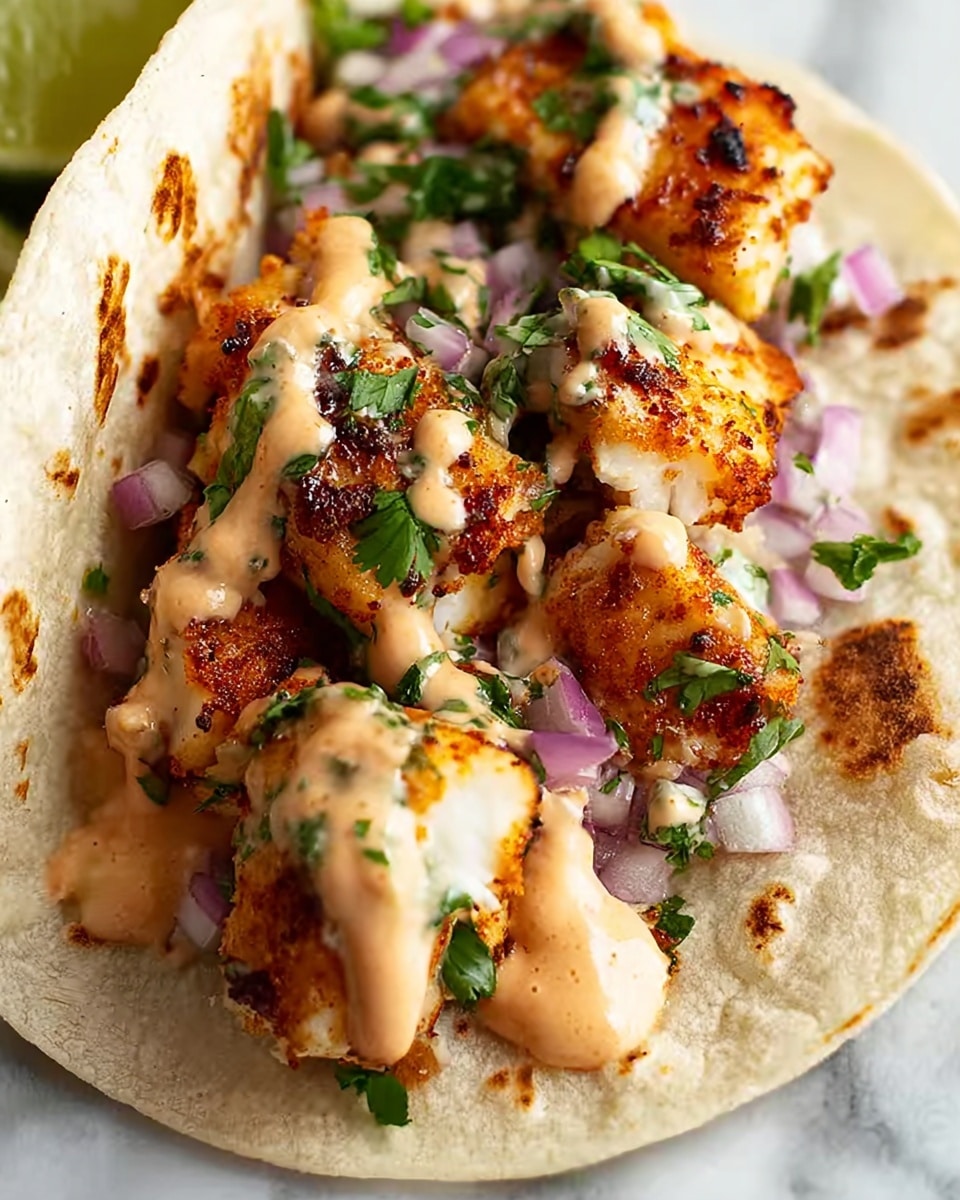 A close-up of a soft corn tortilla filled with several pieces of golden-browned grilled fish that have a crispy texture. The fish is topped with small bits of chopped red onion, green cilantro leaves, and some creamy light brown sauce drizzled generously over the top. The tortilla edges are slightly toasted with a few browned spots, and the whole dish sits on a white plate with a white marbled surface in the background. photo taken with an iphone --ar 4:5 --v 7