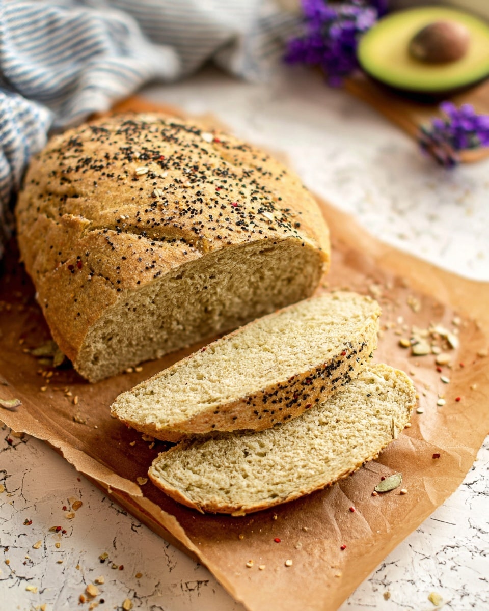 A thick slice of grainy brown bread with a crust covered in seeds and spices is topped with a thick layer of mashed, light green avocado spread showing a slightly chunky texture; the slice rests on another plain slice of bread, both placed on a sheet of light brown parchment paper over a wooden board. Behind them, a whole loaf of the same bread with a seed and spice crust is visible with a few crumbs scattered nearby. In the background, there is a halved avocado with a dark brown pit in the center and some blurred sprigs of herbs next to a soft striped fabric, all on a white marbled surface. photo taken with an iphone --ar 4:5 --v 7
