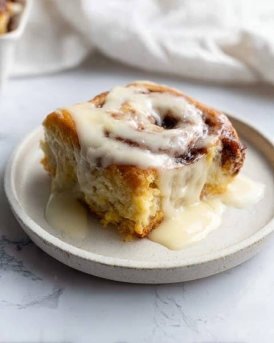 The image shows a close-up of a square piece of cinnamon roll with cream cheese icing melting slightly on top and dripping down the sides. The roll has a golden-brown crust with visible swirls of cinnamon, and a soft, fluffy interior that looks moist. It sits on a simple white plate with a small pool of creamy sauce spreading out from underneath the roll. In the background, a white marbled surface and a partially visible stack of more cinnamon rolls add context, while a woman's hand is gently holding the edge of the plate. The lighting highlights the textures of the bread and icing, creating a warm and inviting look. photo taken with an iphone --ar 4:5 --v 7