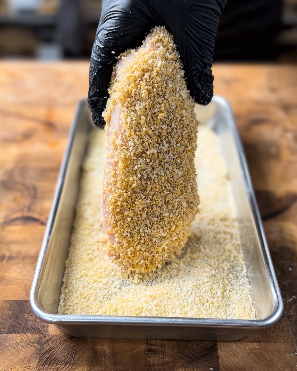 A close-up image shows a single raw piece of chicken breast being held vertically by a woman's hand covered in black gloves. The chicken is fully coated with a rough, pale golden breadcrumb crust that looks grainy and textured. Below, there is a rectangular silver metal tray filled with more pale, fine breadcrumbs. The background shows a wooden surface blurred out, but for the description, it appears on a white marbled texture. The focus is on the breaded chicken piece with the granular crumb layer evenly covering the surface. photo taken with an iphone --ar 4:5 --v 7