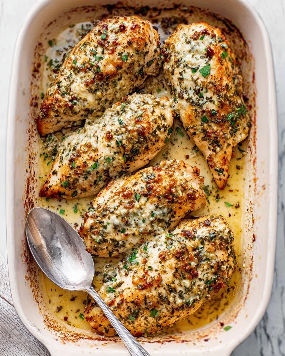 The image shows four baked chicken breasts covered in a creamy, herb-filled topping inside a white baking dish. Each chicken piece is golden brown with a slightly crispy texture on top, dotted with green herbs and small bits of creamy sauce, giving a speckled look. The chicken sits in a light, oily sauce that pools slightly around the edges, adding a shiny, moist effect. A silver serving spoon is placed in the corner of the dish on the white marbled surface. The colors focus on warm browns, creamy whites, and green herbs, creating a rich, appetizing appearance. Photo taken with an iphone --ar 4:5 --v 7