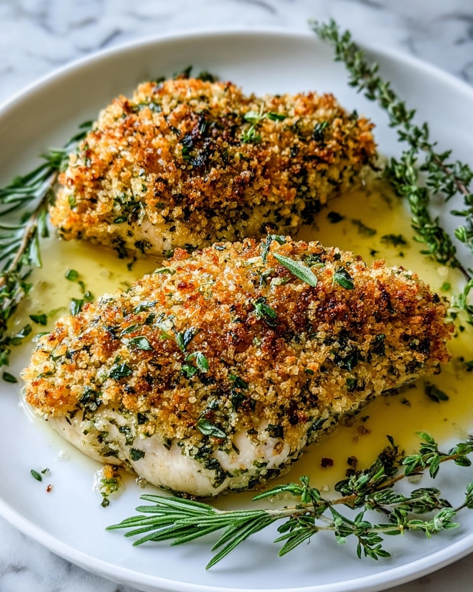 Two pieces of golden baked chicken breasts sit on a white plate, each covered with a crispy topping made of golden-brown breadcrumbs mixed with finely chopped green herbs. The chicken is juicy with a slight shine from a drizzle of oil pooling underneath. Fresh sprigs of rosemary and scattered green herbs decorate the plate, adding a fresh contrast to the warm colors of the chicken. The white marbled surface beneath the plate adds a clean and elegant touch. photo taken with an iphone --ar 4:5 --v 7