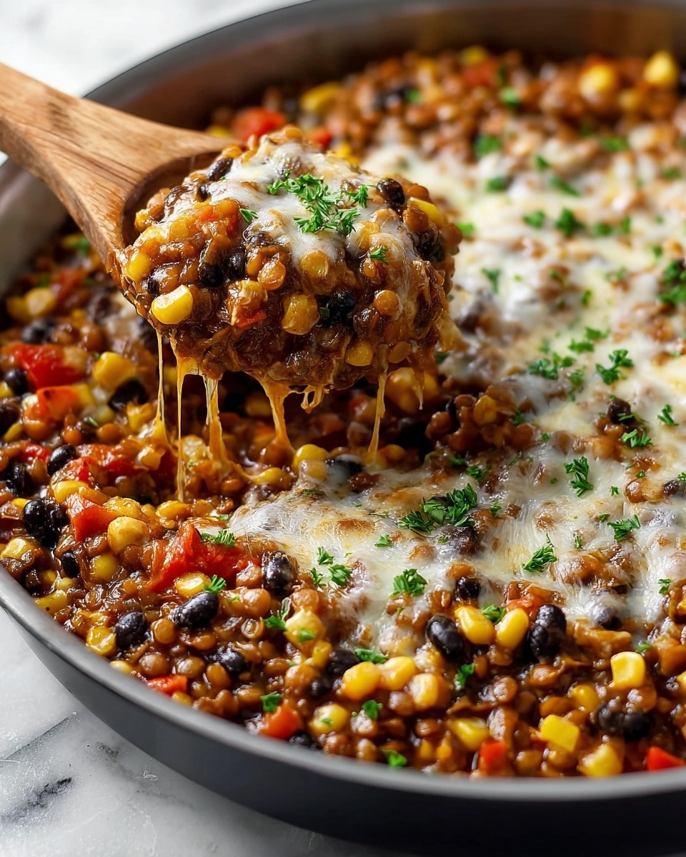 The image shows a close-up of a white bowl filled with a colorful lentil dish. The dish has several layers, starting with a base of brown lentils mixed evenly with yellow corn and black beans, creating a rich, textured look. There are bright red tomato pieces scattered throughout, adding pops of color. Melted white cheese is drizzled in thin patches over the top layer, partially softening into the lentils. Small green parsley leaves are sprinkled generously on top, giving a fresh and vibrant finish. A wooden spoon is scooping up some of the mixture, showing the mix of all layers tightly packed together. The backdrop is a white marbled texture that softly contrasts with the colors of the food. photo taken with an iphone --ar 4:5 --v 7