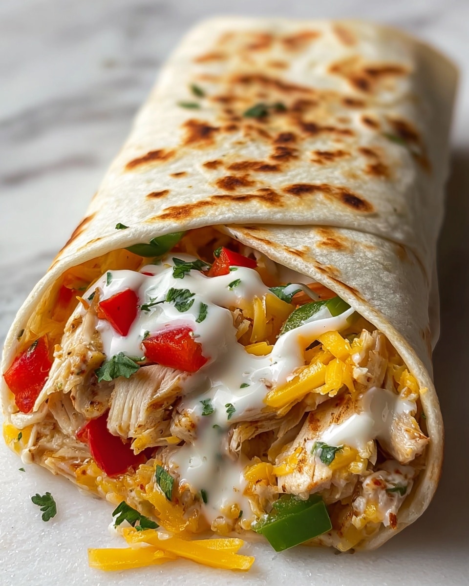 A close-up of a thick, folded tortilla wrap resting on a white marbled surface, filled with several layers: tender, cooked chicken pieces with light brown seasoning; mixed diced bell peppers in red and green; scattered shredded yellow and white cheese; fresh green cilantro leaves; and a drizzle of creamy white sauce on top, all visible at the open end of the wrap, with the tortilla showing toasted brown spots and a soft texture. photo taken with an iphone --ar 4:5 --v 7