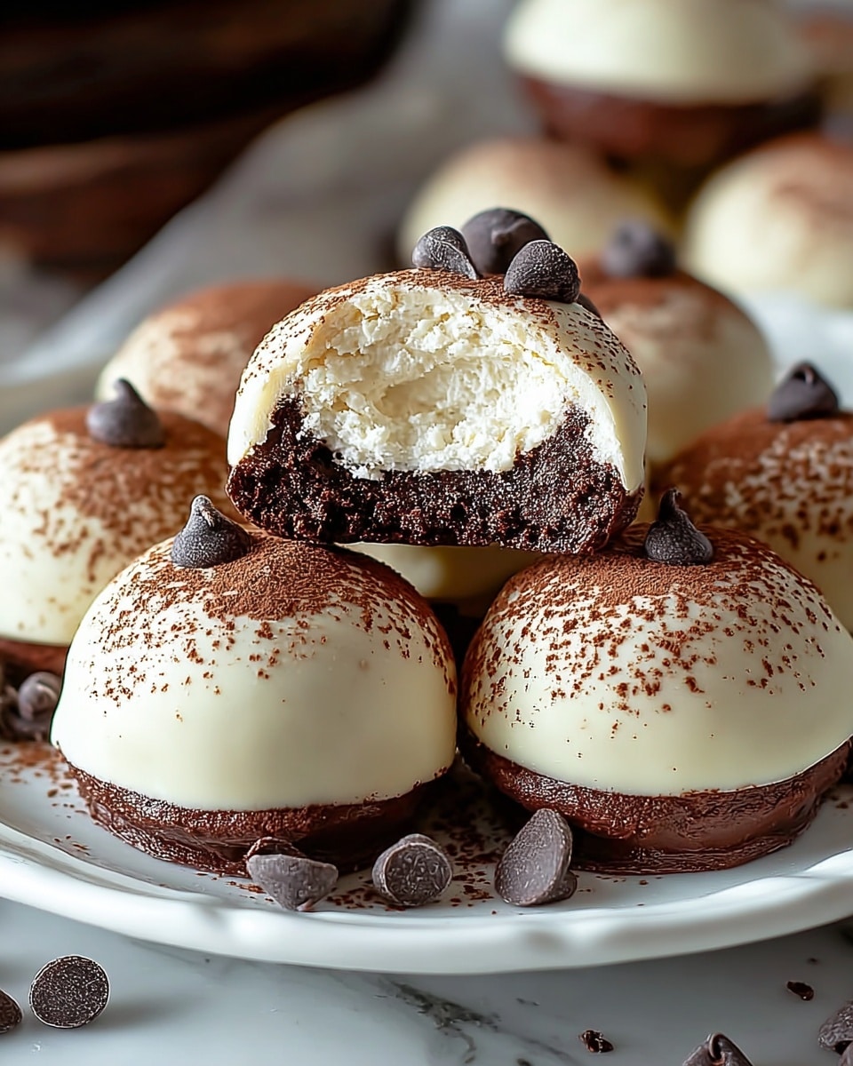 A white plate is filled with round chocolate desserts, each dessert having two main layers: a lower layer of dark, rich chocolate cake and an upper layer covered with smooth white chocolate, dusted lightly with cocoa powder. One dessert on top is cut open, showing a fluffy white cream filling inside the dark chocolate outer layer, with several dark chocolate chips placed on the surface. The plate sits on a white marbled surface with a few scattered chocolate chips around. photo taken with an iphone --ar 4:5 --v 7