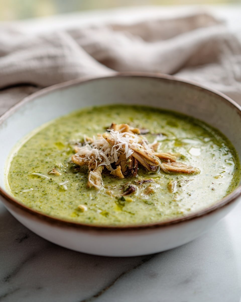 A shallow white bowl with a thin brown rim holds a creamy green soup filled with small pieces of vegetables and herbs, giving it a textured, slightly chunky look. On top, there is a small pile of light brown, thinly shredded pieces, possibly mushrooms, with white shavings sprinkled over them. The surface of the soup has a bit of oil, reflecting light gently. The bowl rests on a white marbled surface with a soft, neutral cloth in the background. photo taken with an iphone --ar 4:5 --v 7