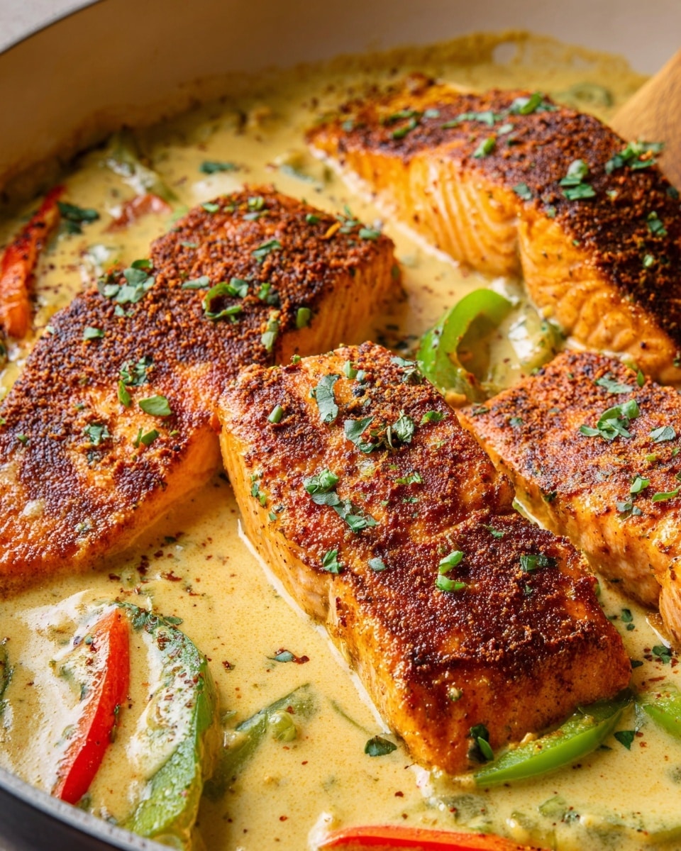 The image shows four pieces of cooked salmon with a dark orange crispy crust, topped with green herb bits. The salmon rests in a creamy sauce colored pale yellow with specks of herbs and spices, covering parts of the fish and the bottom of the white pan. There are soft slices of green bell pepper and a few thin strips of red bell pepper lying in the sauce around the salmon, adding contrast. The sauce looks thick and smooth, mixing with the crunchy texture of the salmon skin on top. photo taken with an iphone --ar 4:5 --v 7