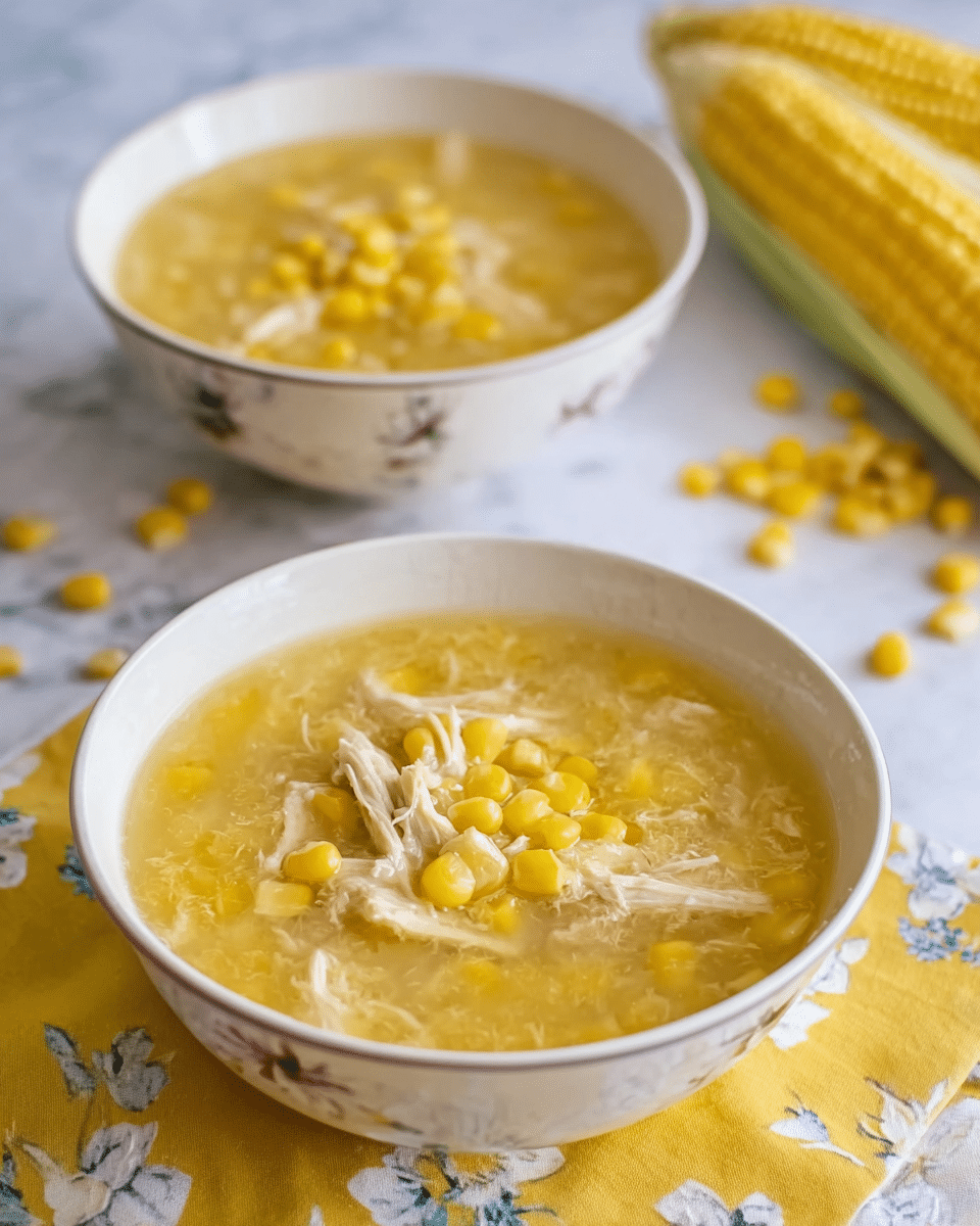 The image shows two white bowls of chicken corn soup placed on a white marbled surface with a yellow floral cloth nearby. Each bowl contains a smooth, yellow broth with visible shredded pale chicken pieces and bright yellow corn kernels floating on the surface. In the background, a cut ear of corn and a small pile of loose corn kernels are slightly blurred but visible, adding to the fresh ingredient feel. The soup looks warm and comforting with a soft, thick texture, and the floral design on the bowls adds a subtle decorative touch. Photo taken with an iphone --ar 4:5 --v 7