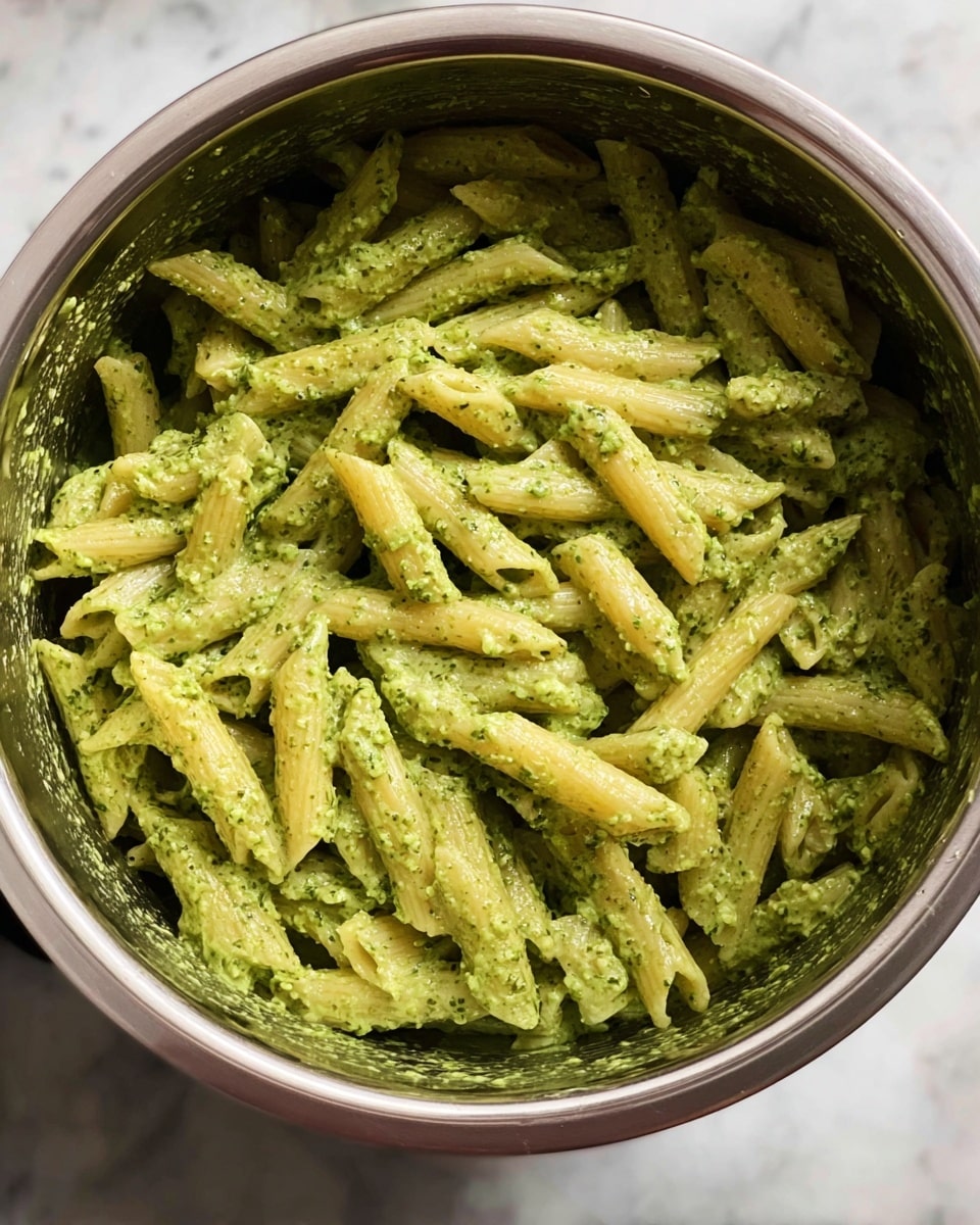 A white bowl filled with creamy green pesto penne pasta, each pasta piece coated in a thick, slightly chunky green sauce with visible small bits of herbs. The penne is well coated with a fresh, glossy texture and topped with small red chili flakes scattered evenly for a touch of color and spice. The bowl sits on a white marbled surface, with a bit of green leafy garnish peeking in the background. photo taken with an iphone --ar 4:5 --v 7