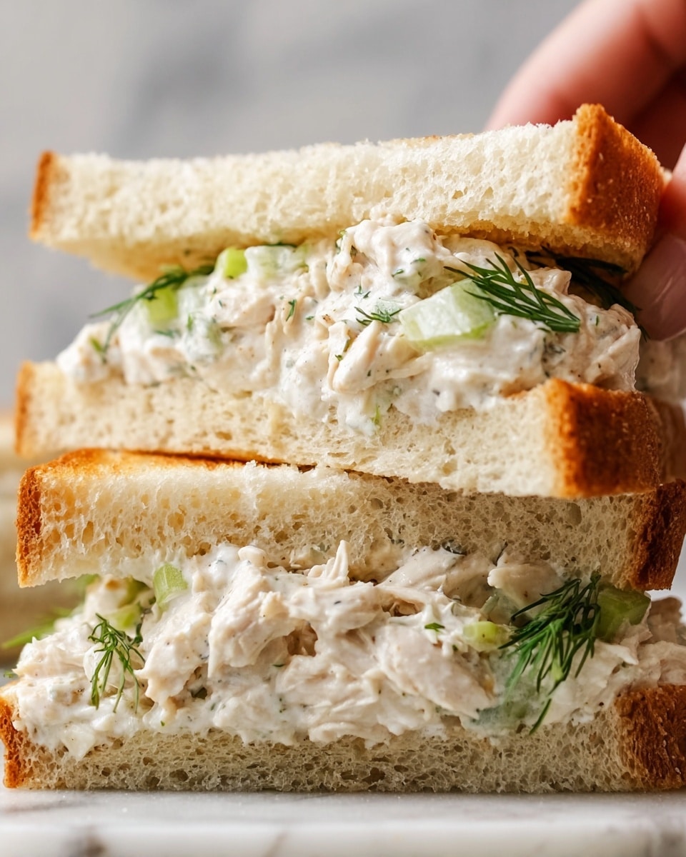 The image shows a close-up of a sandwich cut in half and stacked. The sandwich has two main layers of toasted white bread with a light golden color on the outside. The filling between the bread layers includes shredded chicken mixed with a creamy white sauce, small green pieces of celery, and fresh green dill sprigs scattered throughout. The texture of the chicken is tender and chunky, contrasting with the smooth sauce and crisp celery. Crushed walnut pieces are visible around the sandwich on a wooden surface. A woman's hand is gently holding the top layer of the sandwich. The background is a white marbled texture. photo taken with an iphone --ar 4:5 --v 7