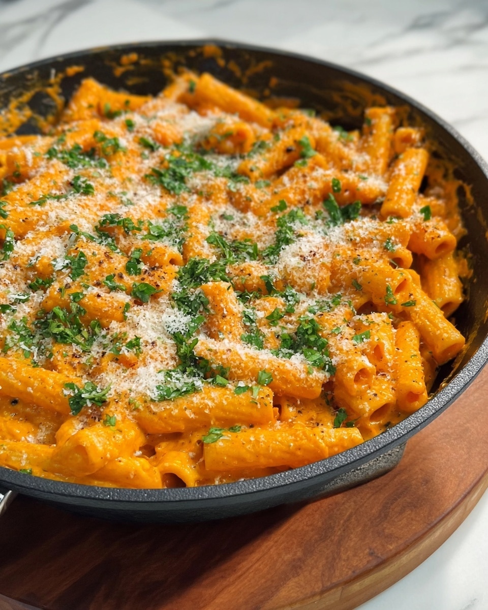 A close-up view of a black pan filled with pasta, showing one layer of penne pasta covered in bright orange creamy sauce. The pasta is topped with a layer of finely chopped green herbs scattered evenly on top. Over the herbs, there is a light dusting of white grated cheese adding texture and contrast. The pan sits on a wooden board with a white marbled surface in the background. photo taken with an iphone --ar 4:5 --v 7