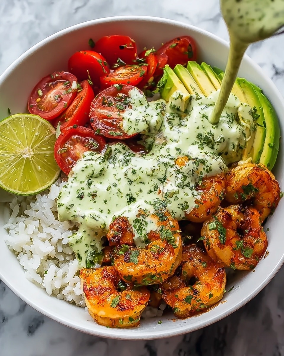 A white bowl filled with white rice forming the base layer, topped with grilled shrimp that are golden brown with char marks, scattered with finely chopped green herbs, placed mostly on the right side. On the left side, halved red and yellow cherry tomatoes add a splash of bright colors. In the background, sliced avocado pieces are visible, green with a soft texture, next to thin slices of purple onion. A wedge of lime rests on the rice near the onions. A creamy white sauce with green flecks is being poured over the shrimp from a metal container positioned at the top right. The bowl sits on a white marbled surface. photo taken with an iphone --ar 4:5 --v 7