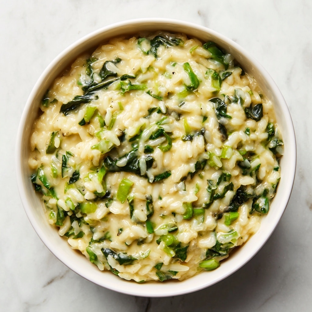 The image shows a close-up of a creamy rice dish mixed with pieces of leafy green vegetables. The rice has a soft, slightly sticky texture with a yellowish creamy sauce coating each grain, giving it a rich and smooth look. The green vegetable pieces are spread evenly throughout, adding pops of dark and light green colors. The sauce fills the gaps between the rice and vegetables, creating a thick, comforting mixture. The dish is set against a white marbled texture background. photo taken with an iphone --ar 4:5 --v 7